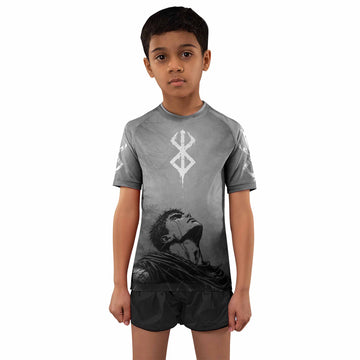 Berserk Guts Sorrow Kids Rash Guard Short Sleeve - boy's lifestyle view