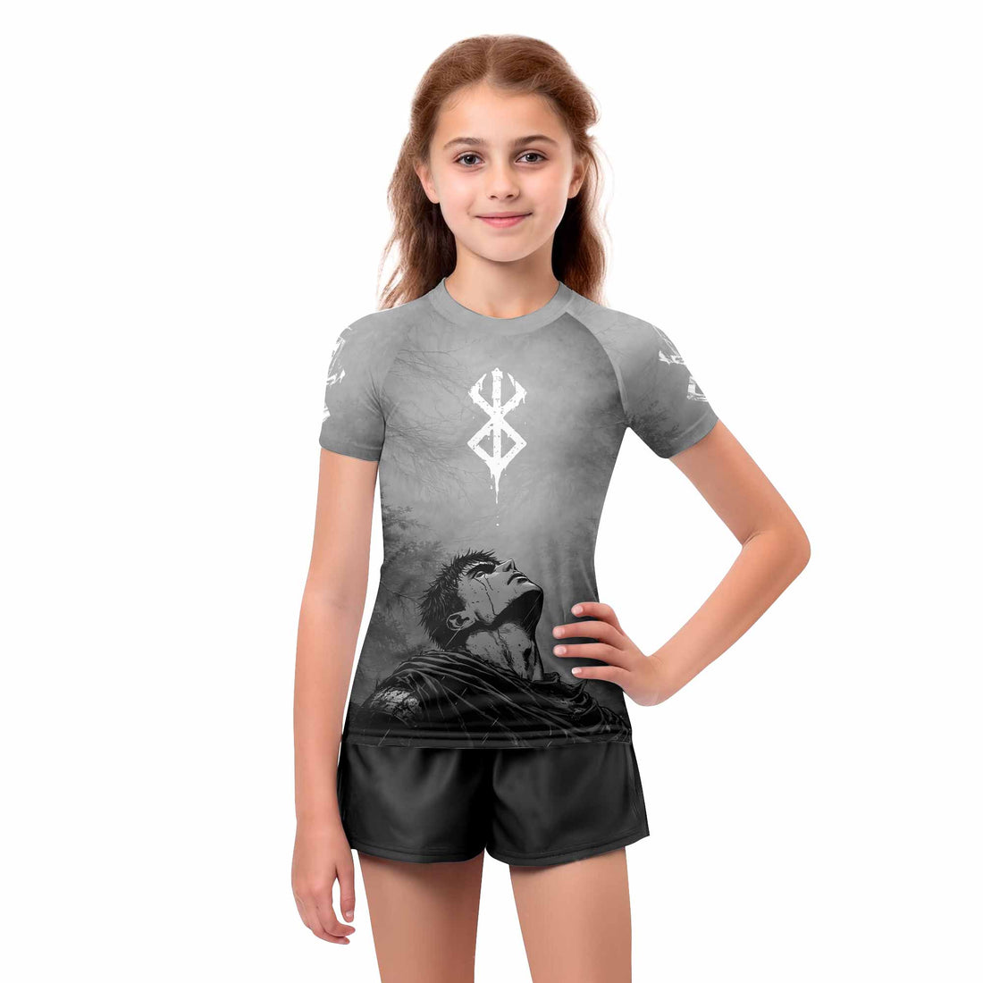 Berserk Guts Sorrow Kids Rash Guard Short Sleeve - boy's lifestyle view