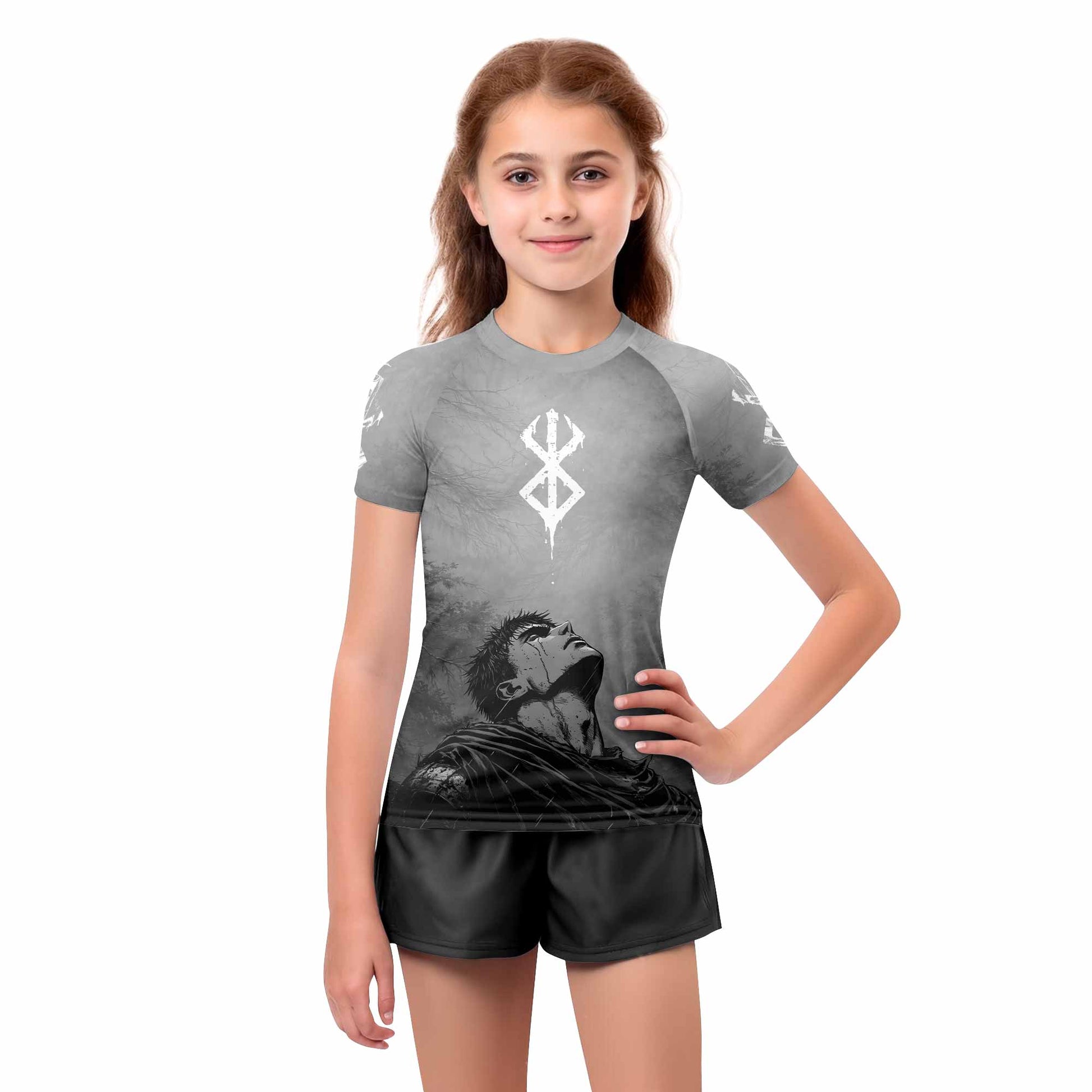Berserk Guts Sorrow Kids Rash Guard Short Sleeve - girl's lifestyle view