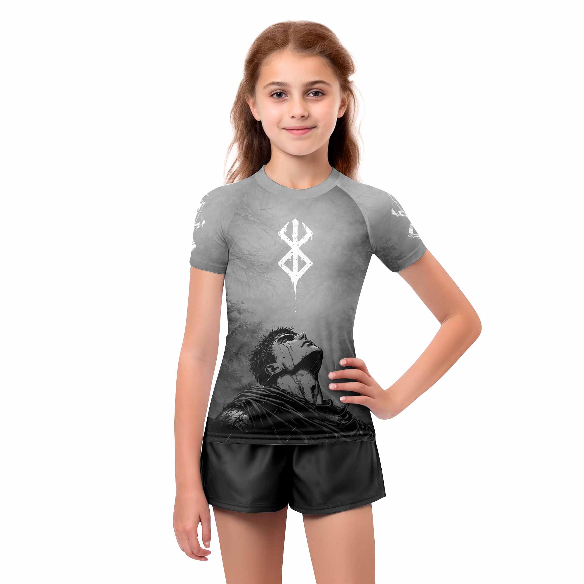 Berserk Guts Sorrow Kids Rash Guard Short Sleeve - girl's lifestyle view