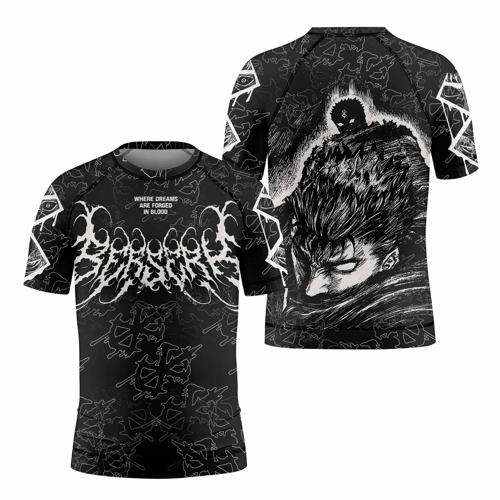 Berserk Forged In Blood Kids Rash Guard Short Sleeve - front and back view