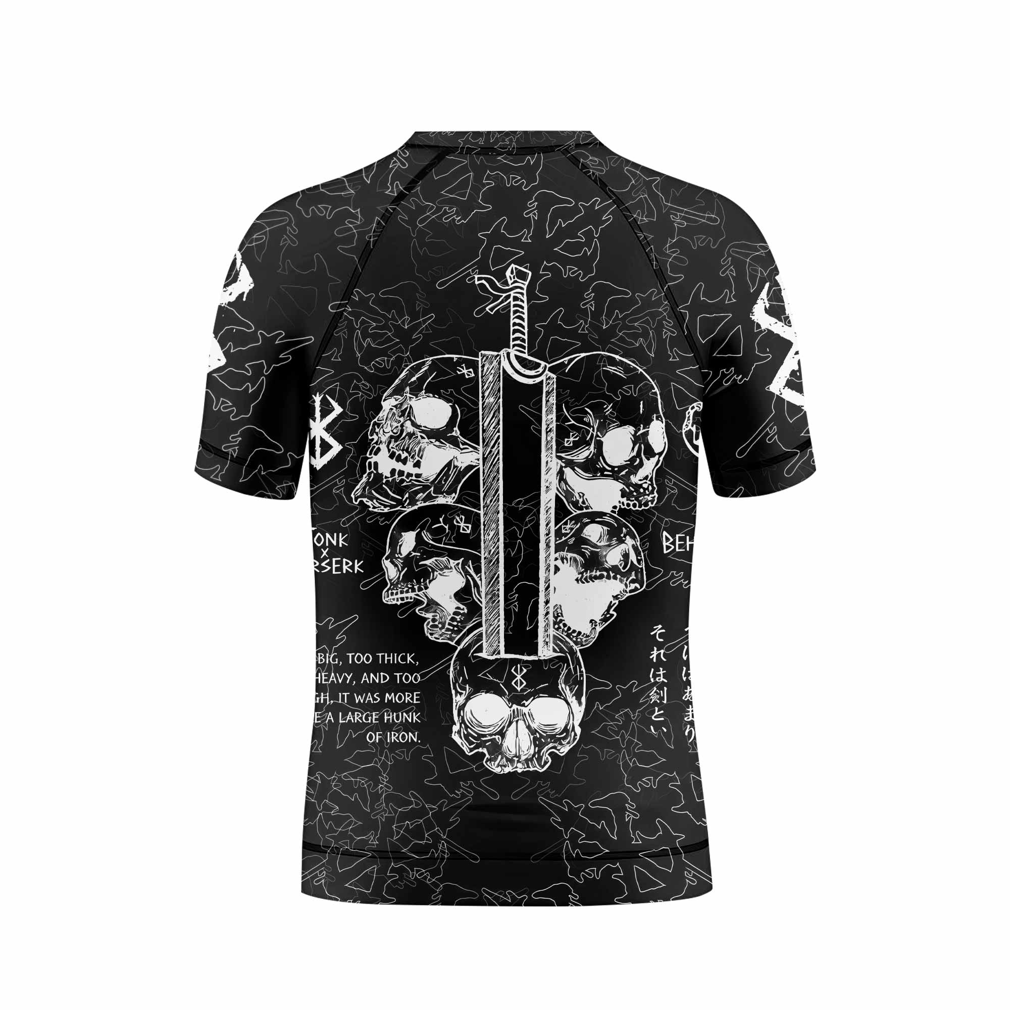 Berserk Dragon Slayer Skull Kids Rash Guard Short Sleeve - back view mockup