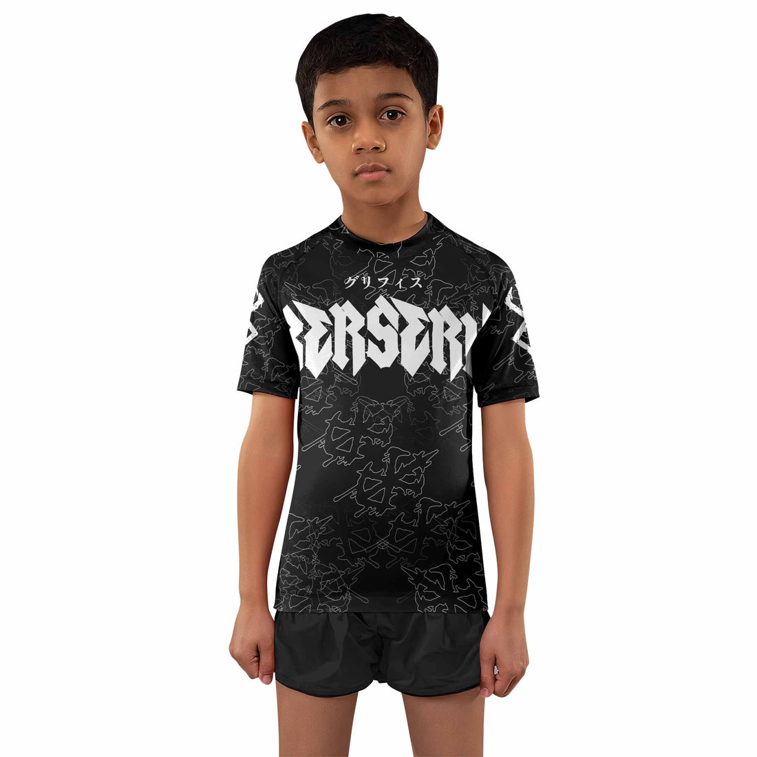 Berserk Dragon Slayer Skull Kids Rash Guard Short Sleeve - boy's lifestyle view