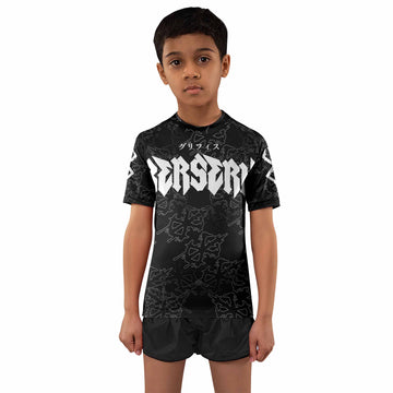 Berserk Dragon Slayer Skull Kids Rash Guard Short Sleeve - boy's lifestyle view