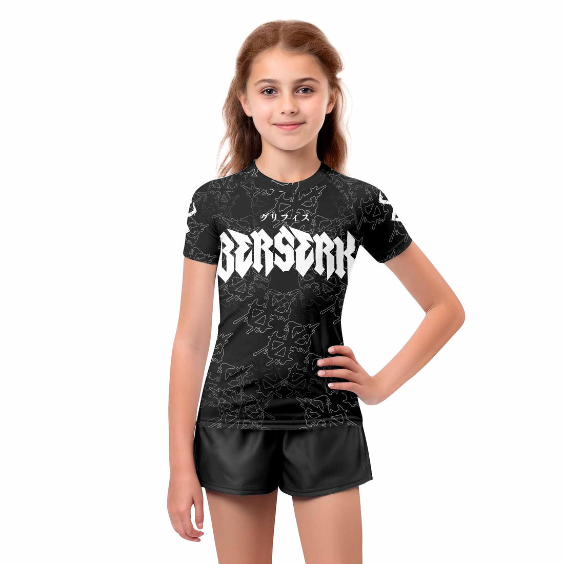 Berserk Dragon Slayer Skull Kids Rash Guard Short Sleeve - boy's lifestyle view
