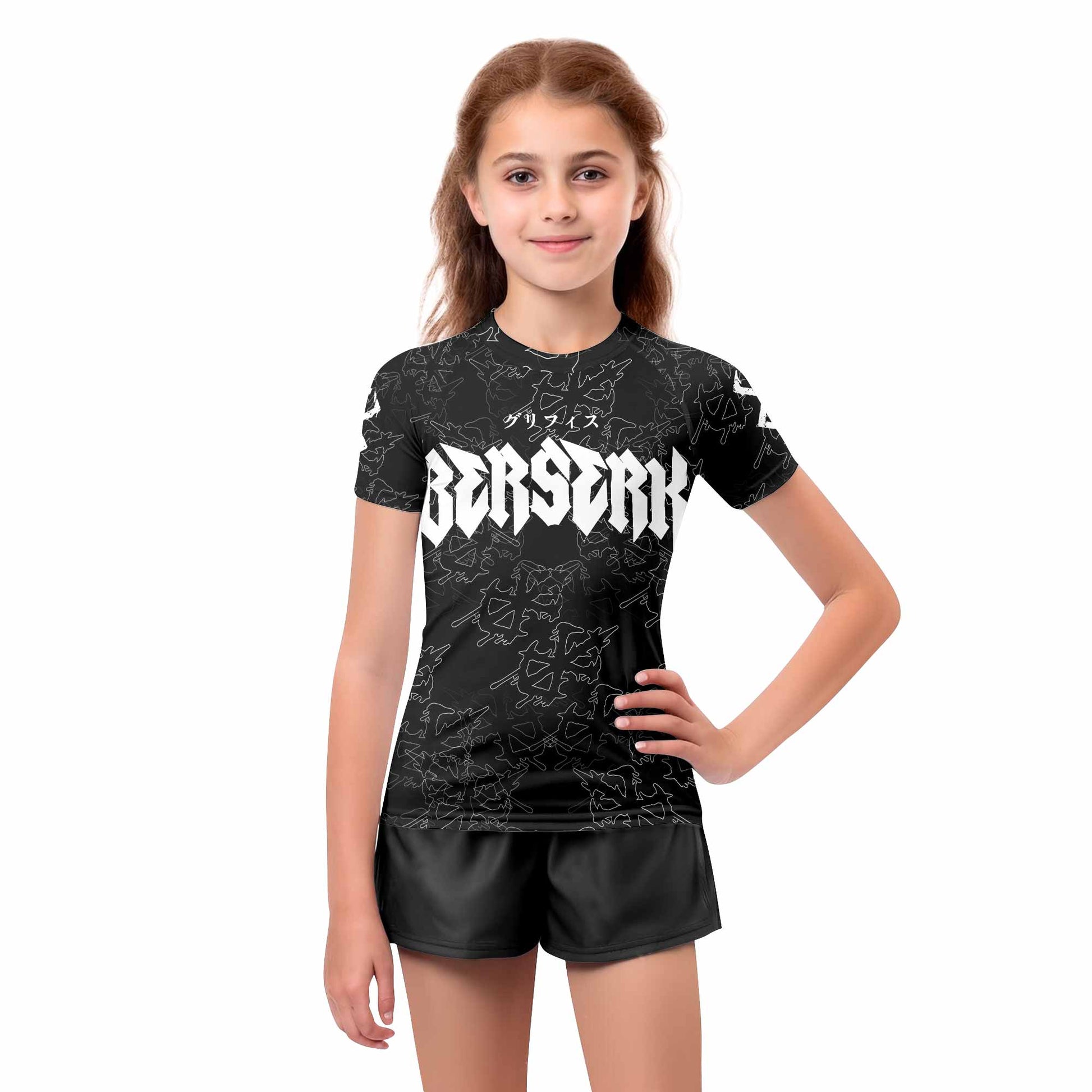 Berserk Dragon Slayer Skull Kids Rash Guard Short Sleeve - girl's lifestyle view