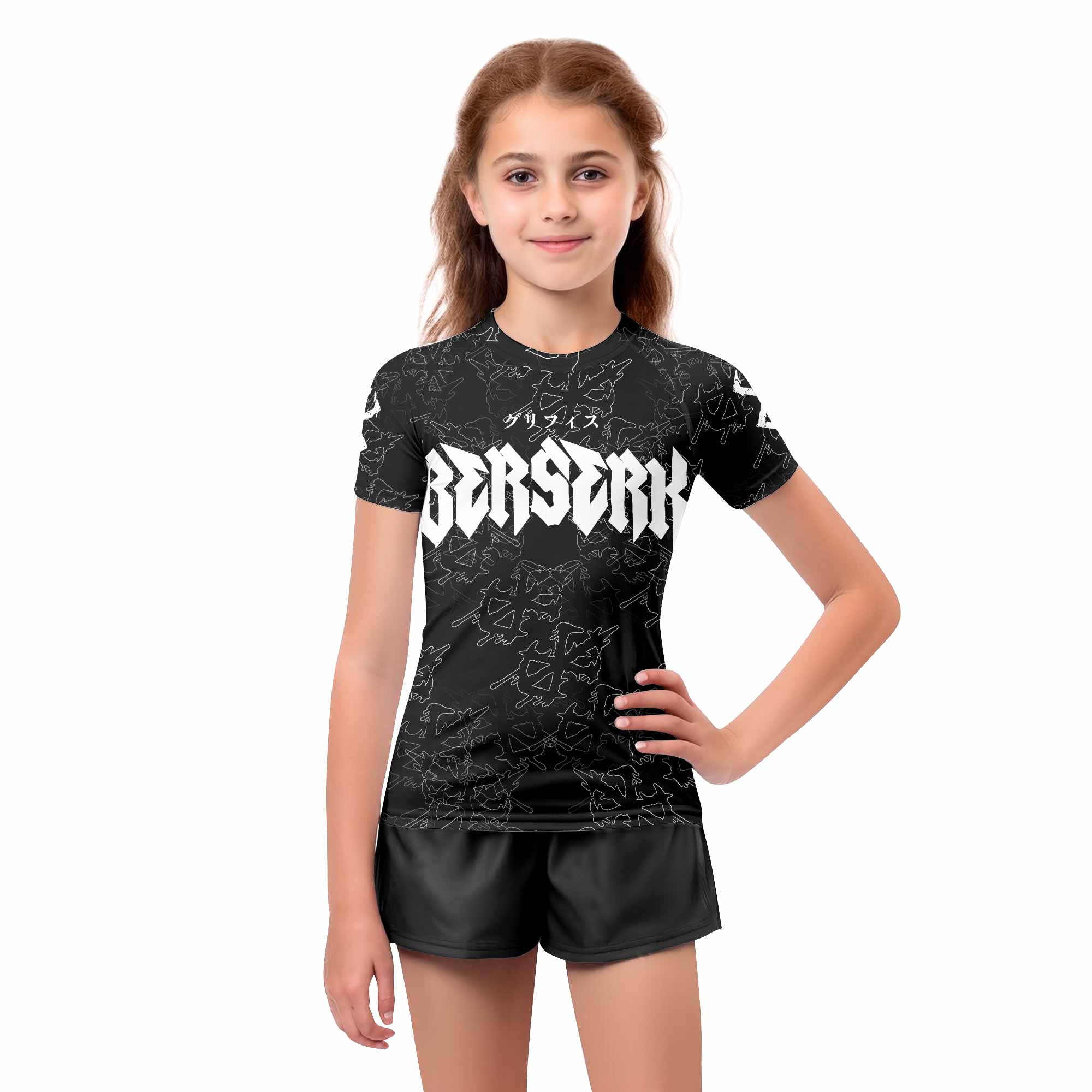 Berserk Dragon Slayer Skull Kids Rash Guard Short Sleeve - girl's lifestyle view
