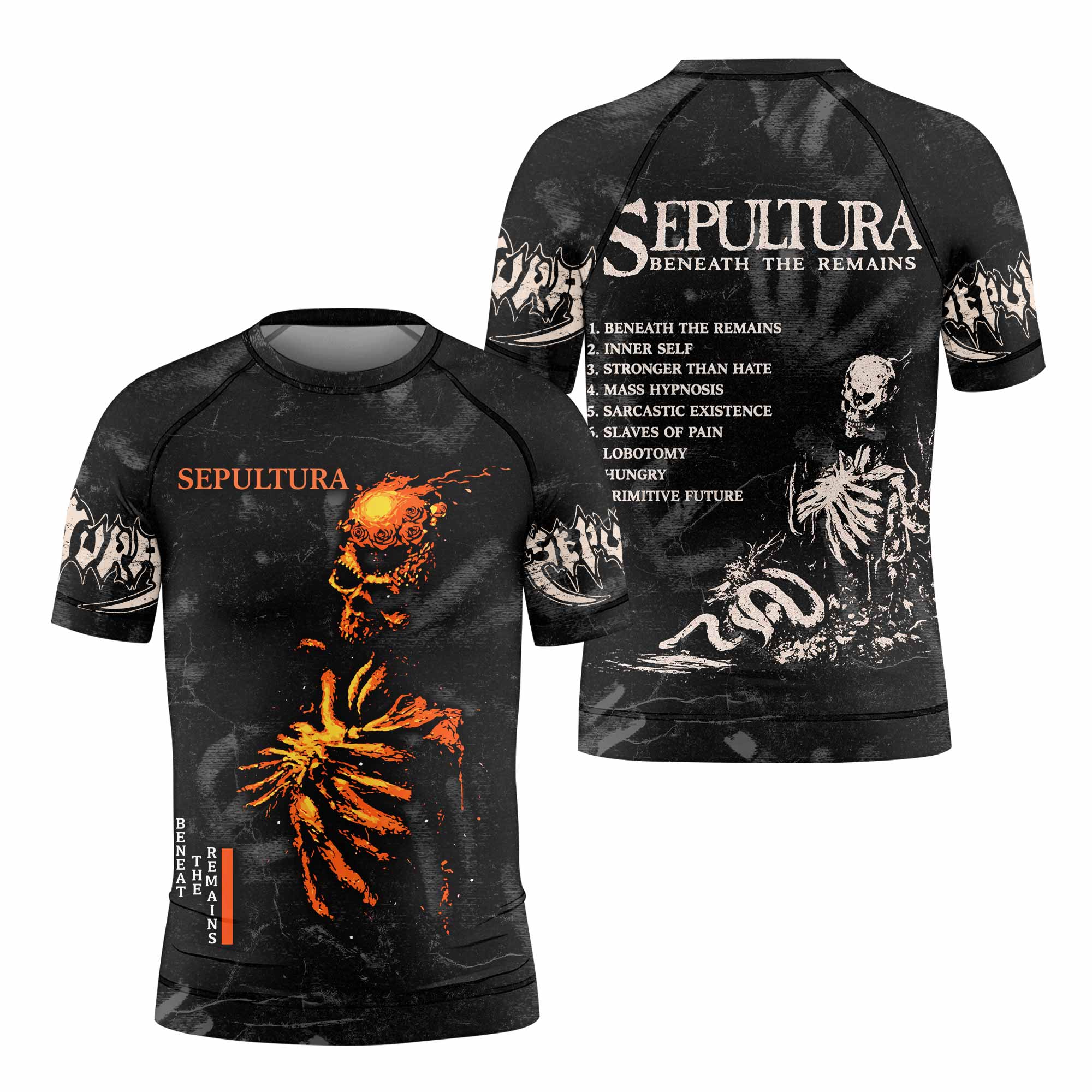 Sepultura Beneath the Remains Kids Rash Guard Short Sleeve - front and back view