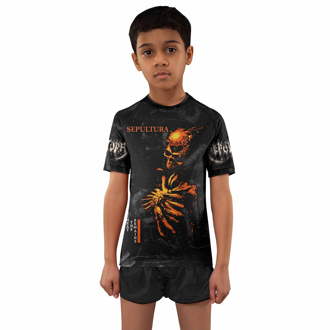 Sepultura Beneath the Remains Kids Rash Guard Short Sleeve - boy's lifestyle view
