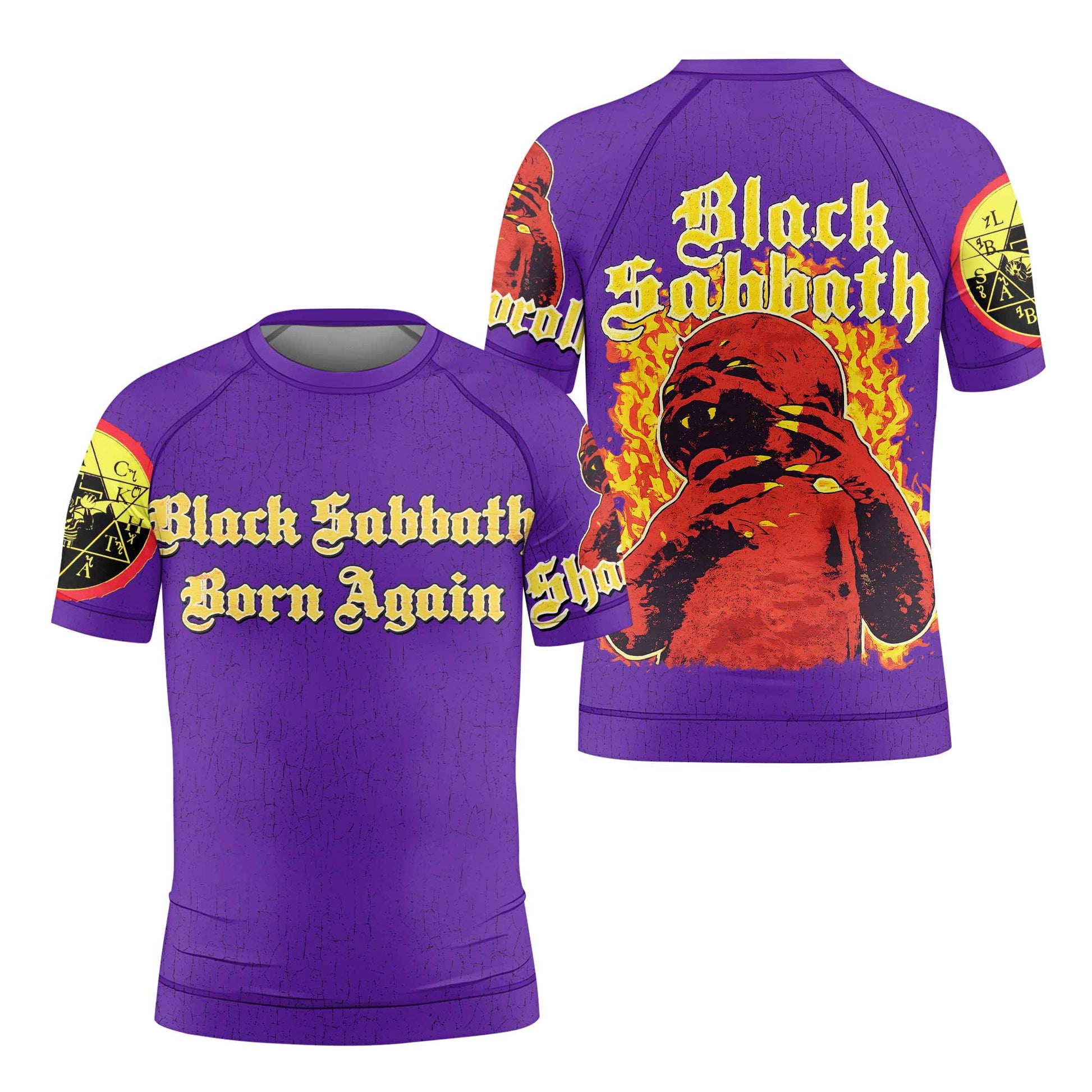 Born Again Black Sabbath Kids Rash Guard Short Sleeve - front and back view