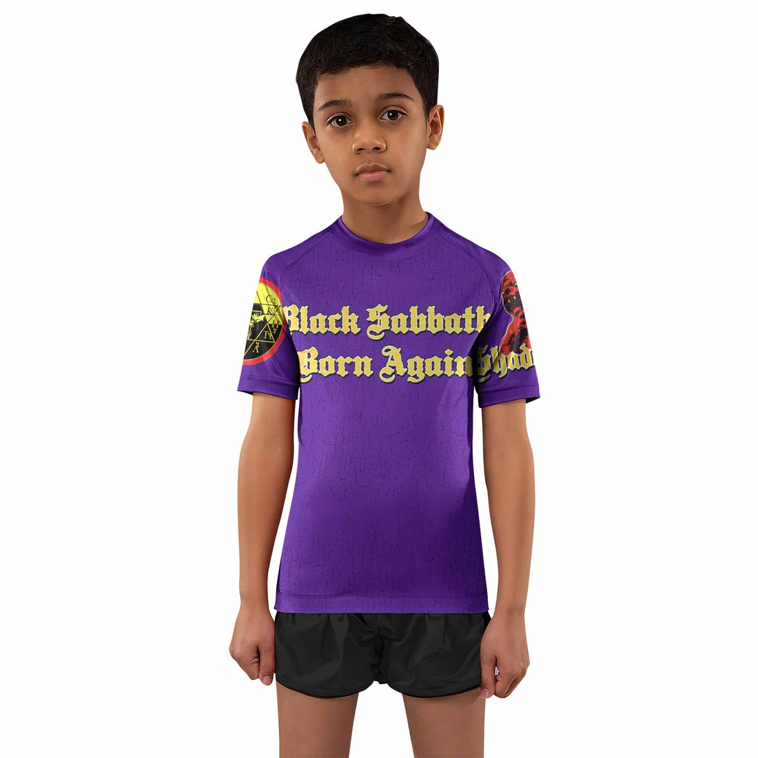 Born Again Black Sabbath Kids Rash Guard Short Sleeve - boy's lifestyle view