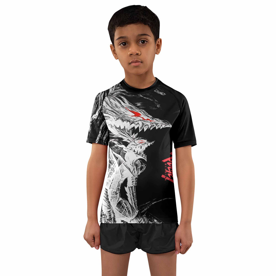 Berserk Guts Berserker Armor Kids Rash Guard Short Sleeve - boy's lifestyle view