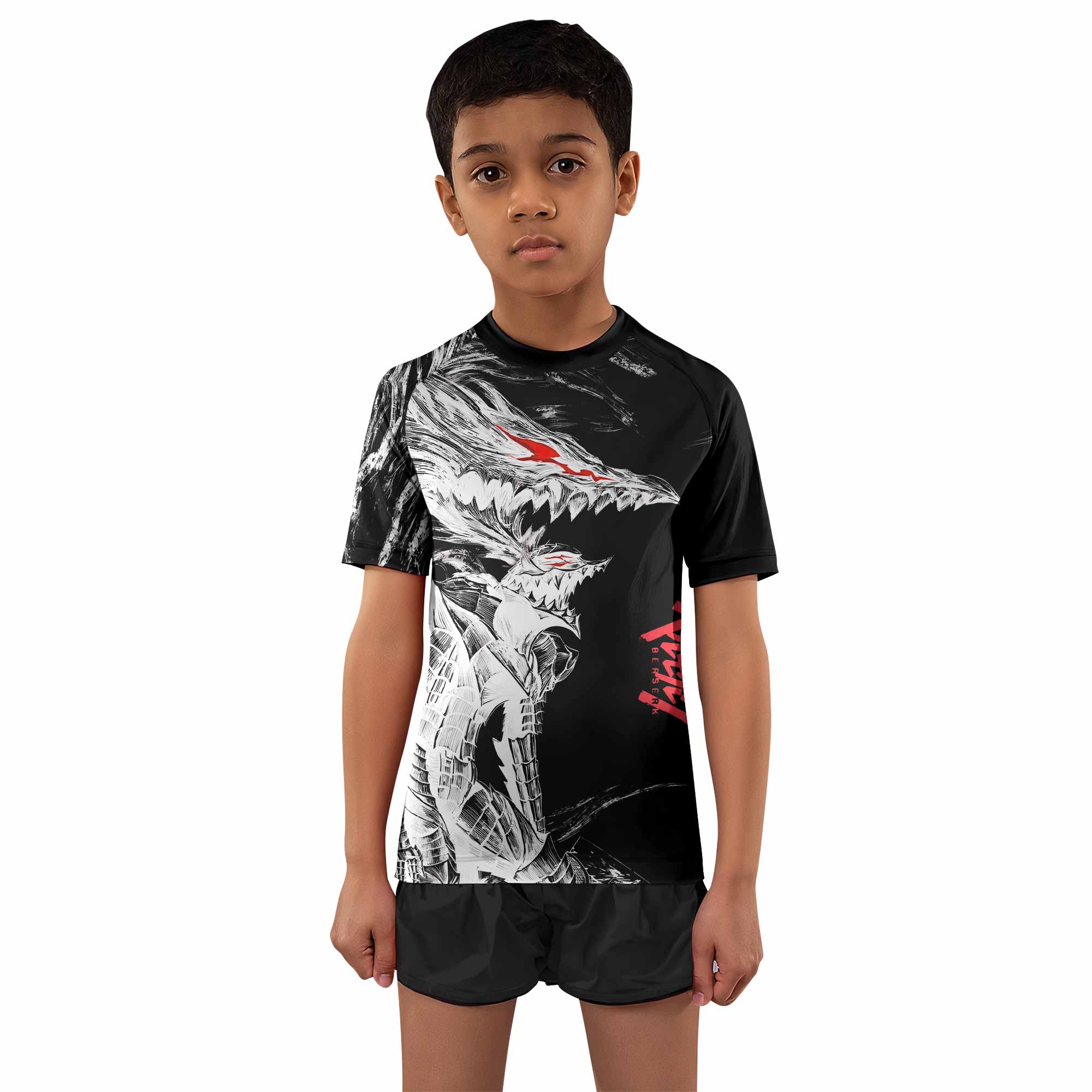 Berserk Guts Berserker Armor Kids Rash Guard Short Sleeve - boy's lifestyle view