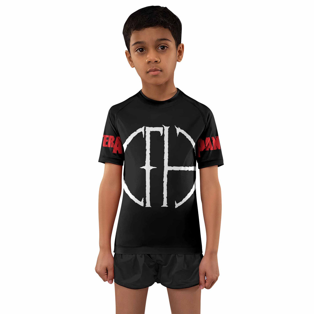 Pantera Cowboys From Hell Logo Kids Rash Guard Short Sleeve - boy's lifestyle view