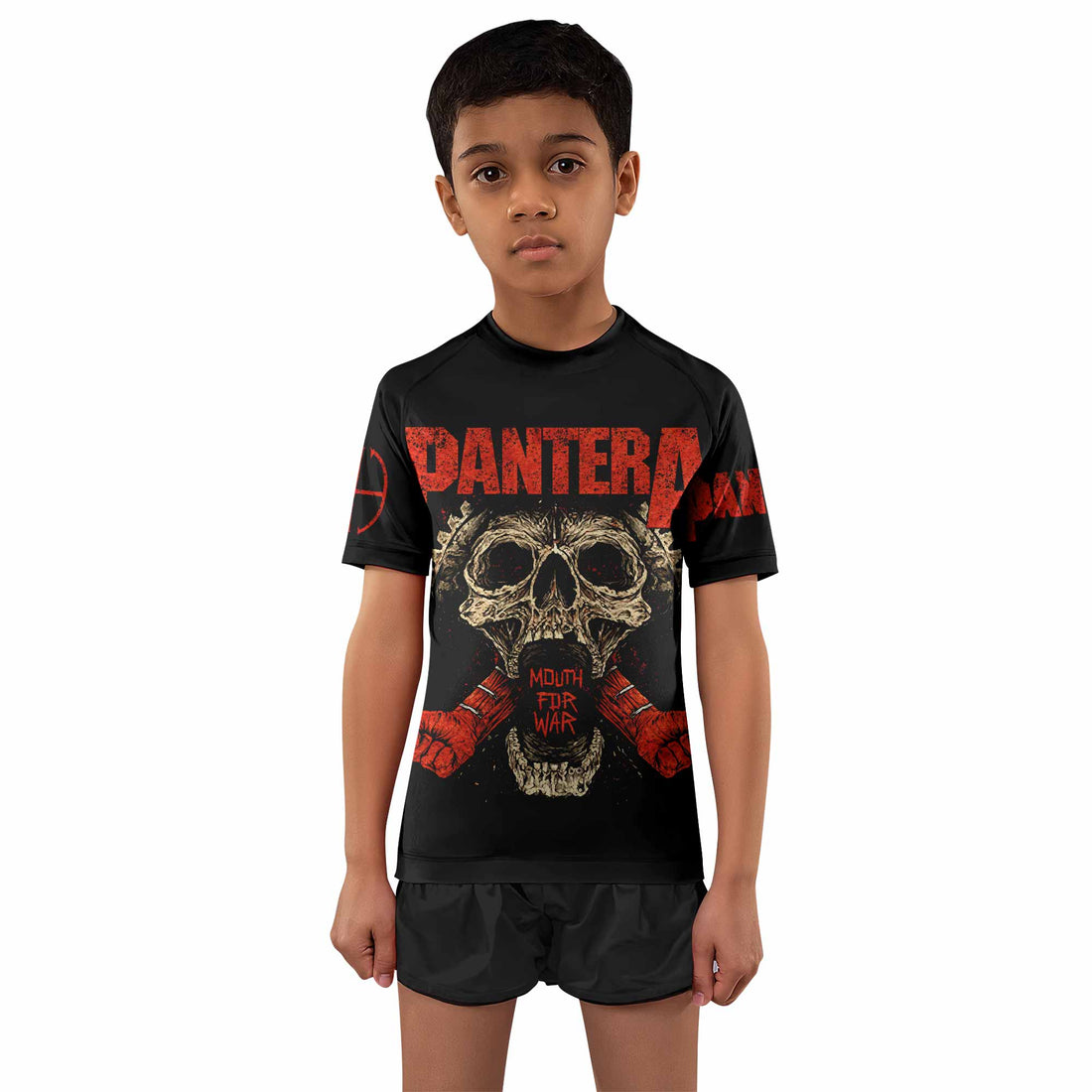 Pantera Mouth for War Kids Rash Guard Short Sleeve - boy's lifestyle view
