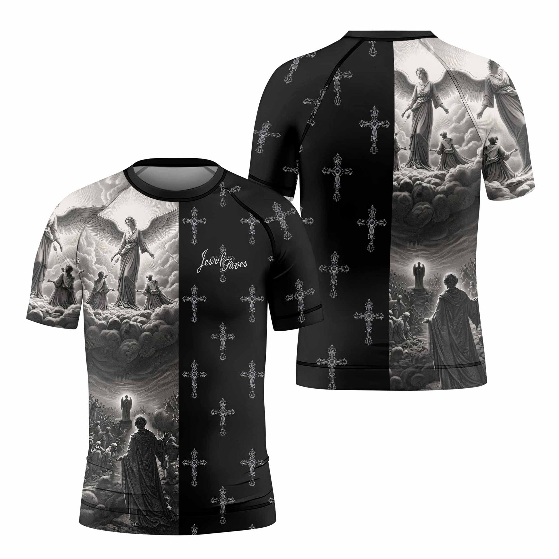 Jesus Saves Angel Ascension Kids Rash Guard Short Sleeve - front and back view