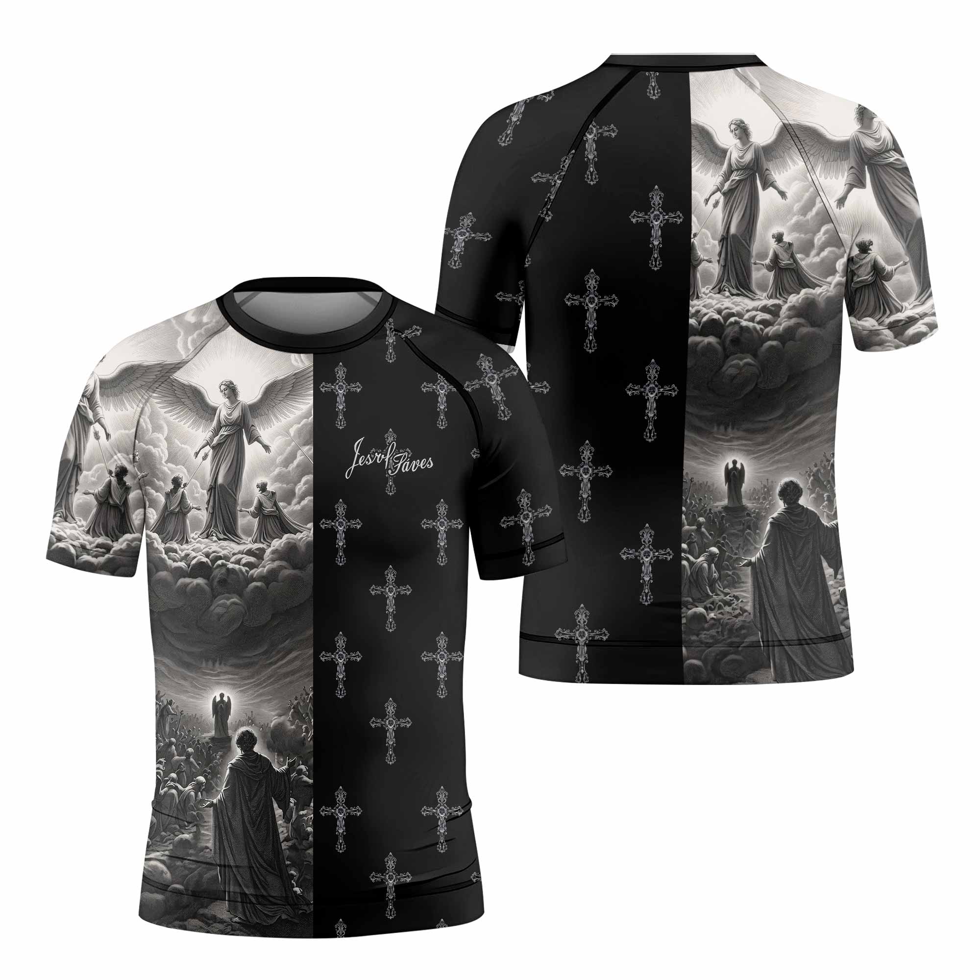Jesus Saves Angel Ascension Kids Rash Guard Short Sleeve - front and back view