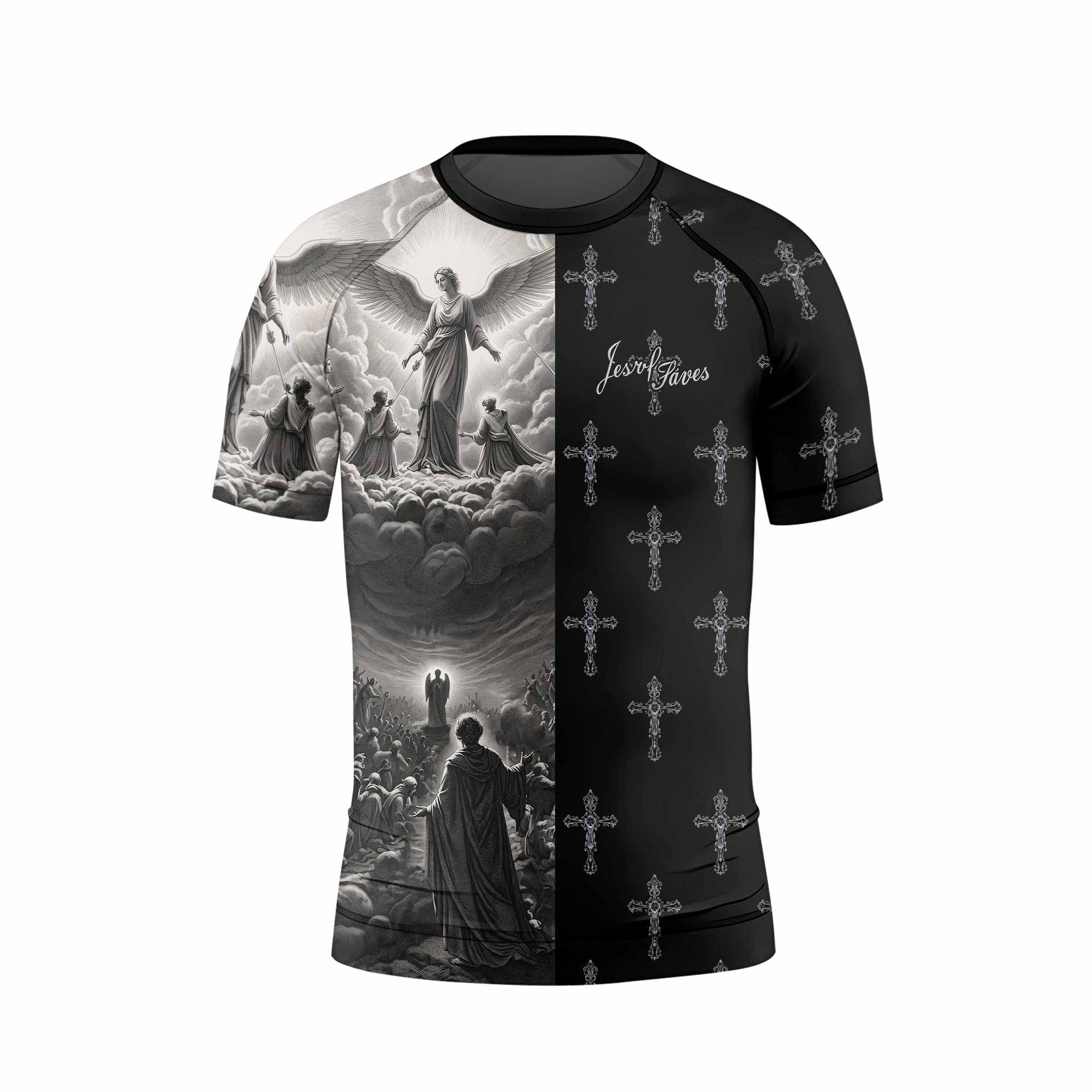 Jesus Saves Angel Ascension Kids Rash Guard Short Sleeve - front view mockup