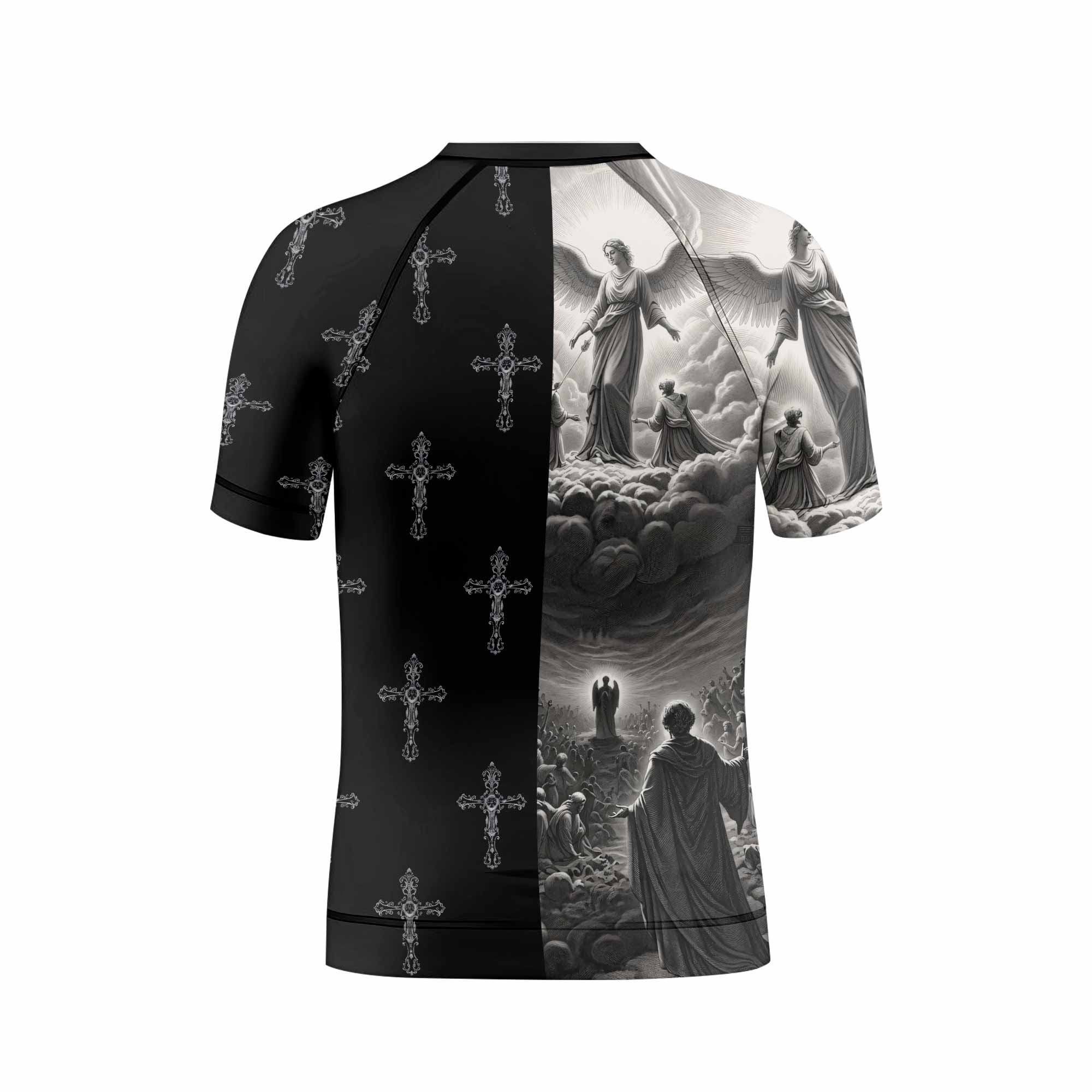 Jesus Saves Angel Ascension Kids Rash Guard Short Sleeve - back view mockup