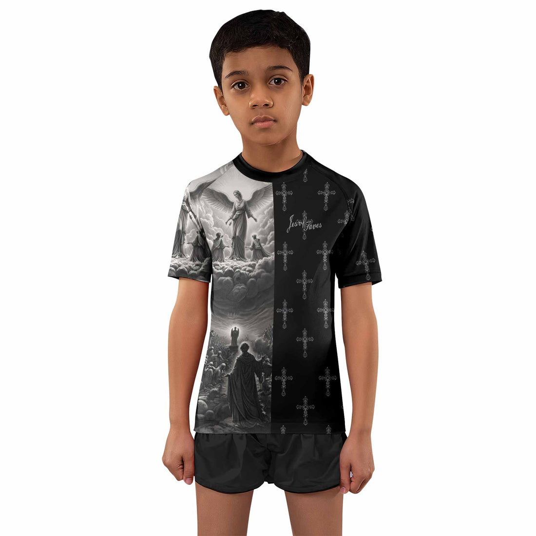 Jesus Saves Angel Ascension Kids Rash Guard Short Sleeve - boy's lifestyle view