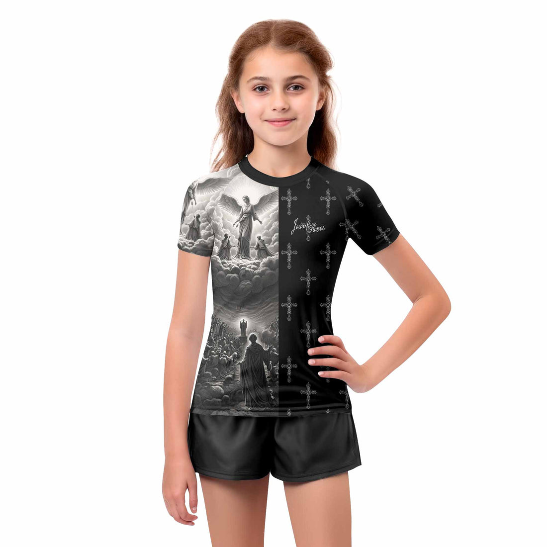 Jesus Saves Angel Ascension Kids Rash Guard Short Sleeve - boy's lifestyle view