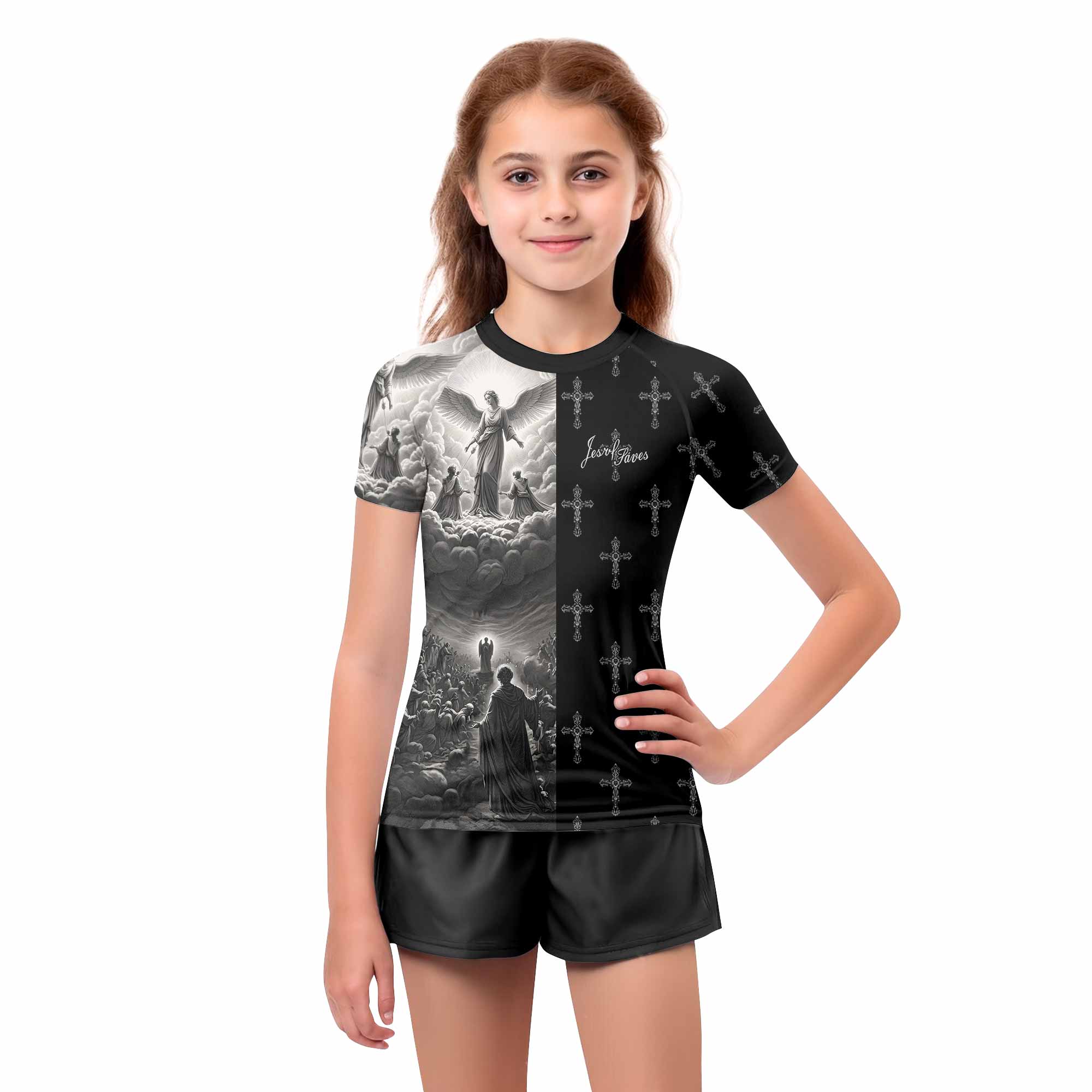 Jesus Saves Angel Ascension Kids Rash Guard Short Sleeve - girl's lifestyle view