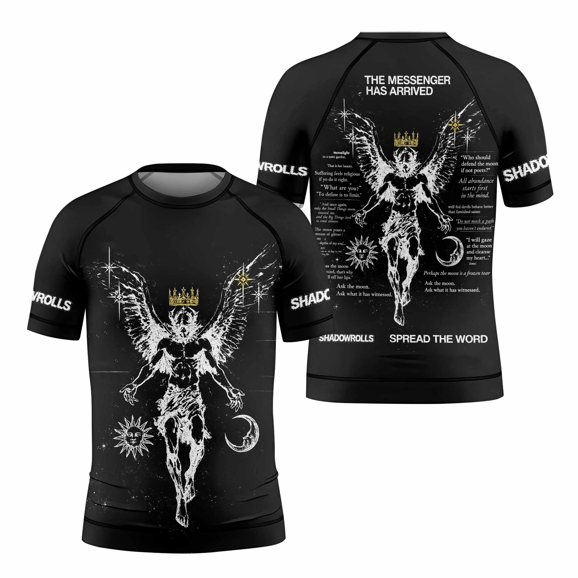 The Messenger Has Arrived Black Kids Rash Guard Short Sleeve - front and back view