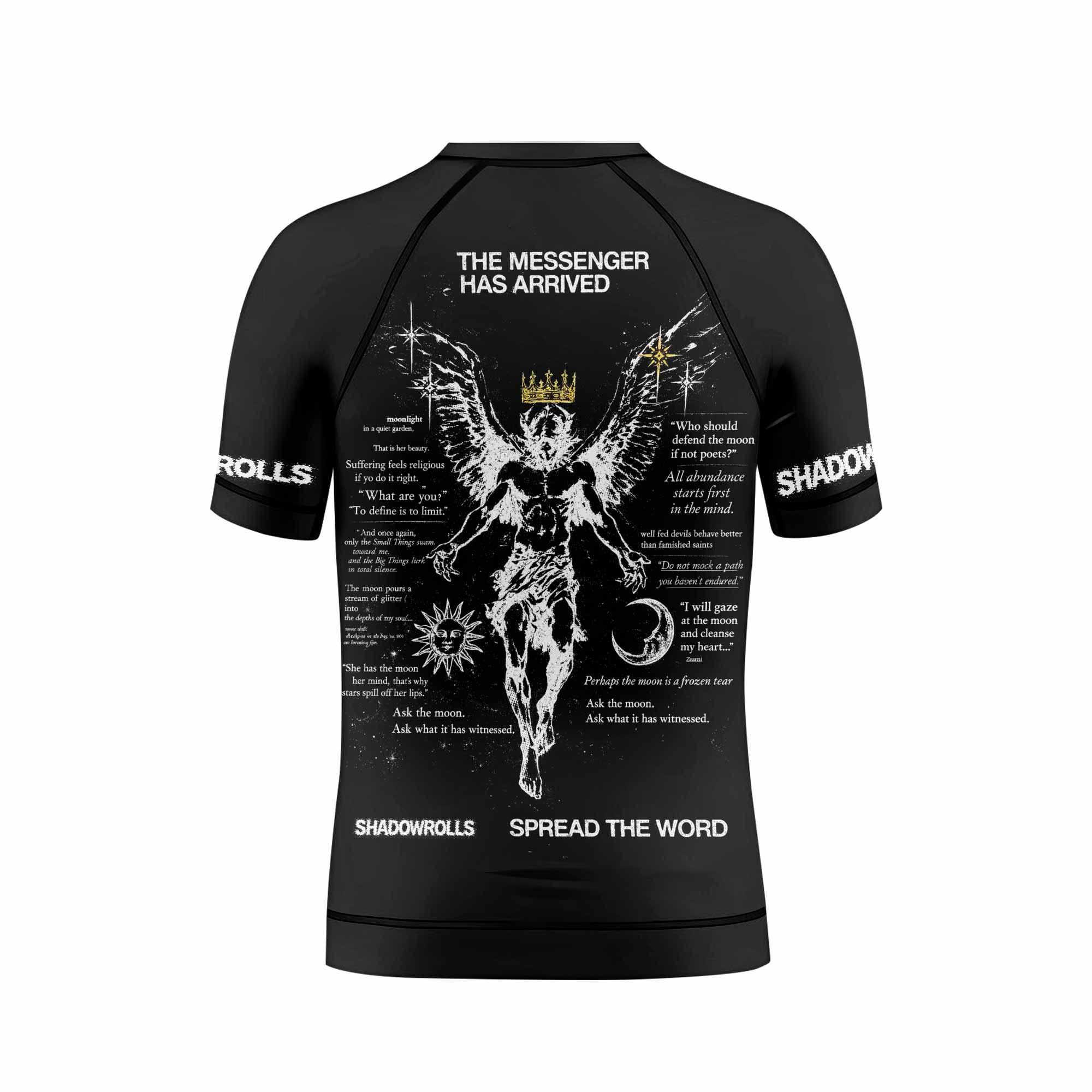 The Messenger Has Arrived Black Kids Rash Guard Short Sleeve - back view mockup