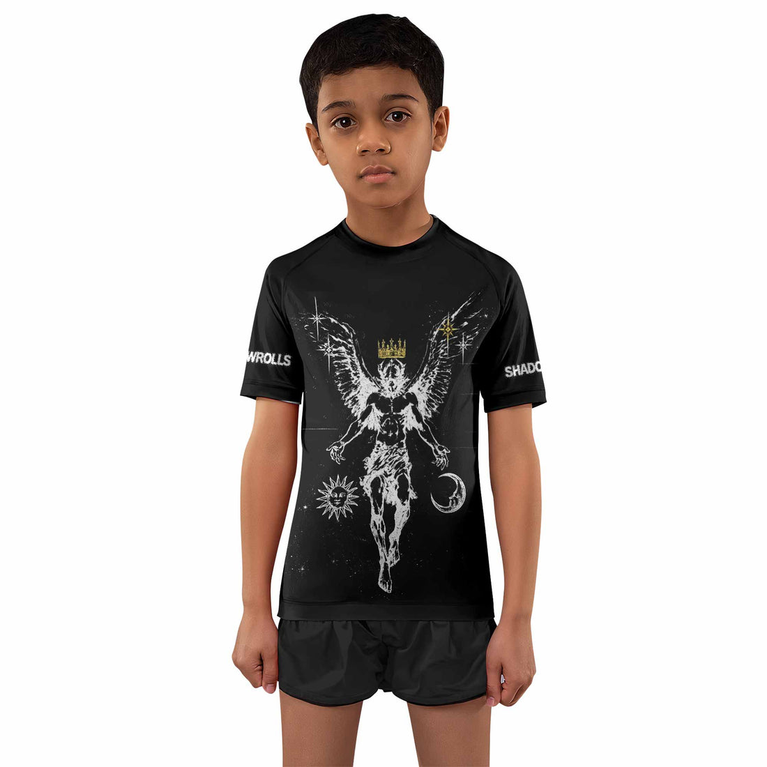The Messenger Has Arrived Black Kids Rash Guard Short Sleeve - boy's lifestyle view