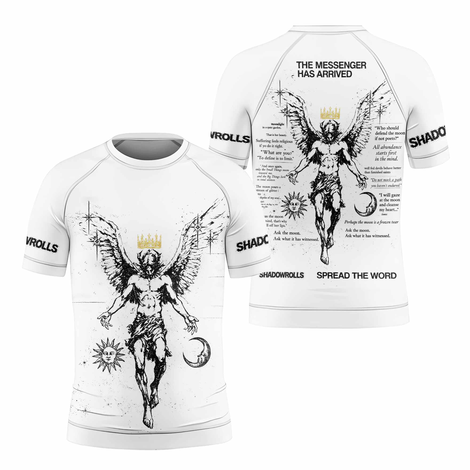 The Messenger Has Arrived White Kids Rash Guard Short Sleeve - front and back view
