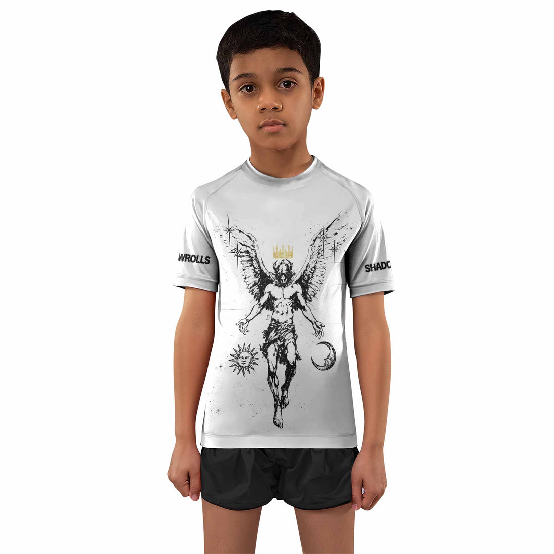 The Messenger Has Arrived White Kids Rash Guard Short Sleeve - boy's lifestyle view