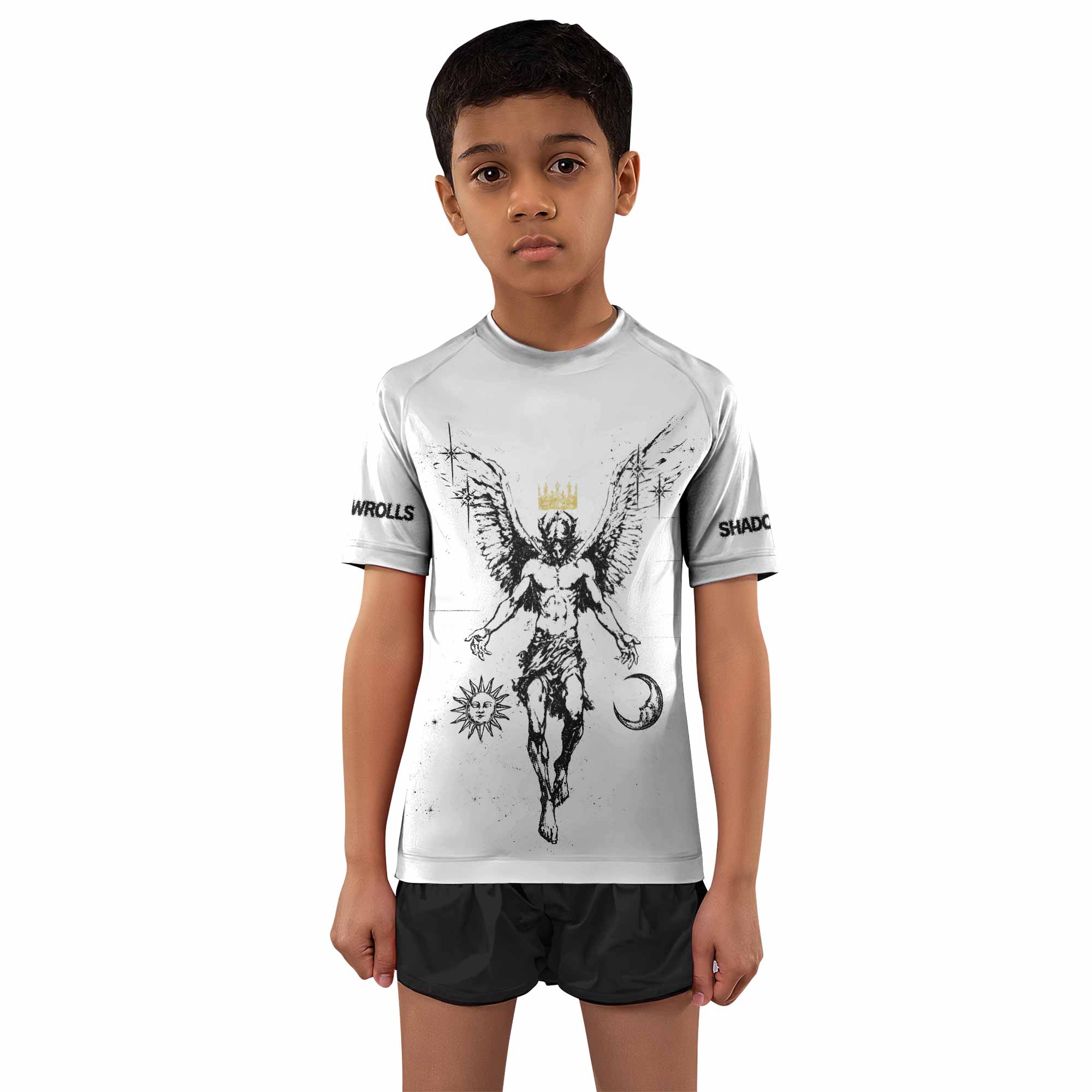 The Messenger Has Arrived White Kids Rash Guard Short Sleeve - boy's lifestyle view