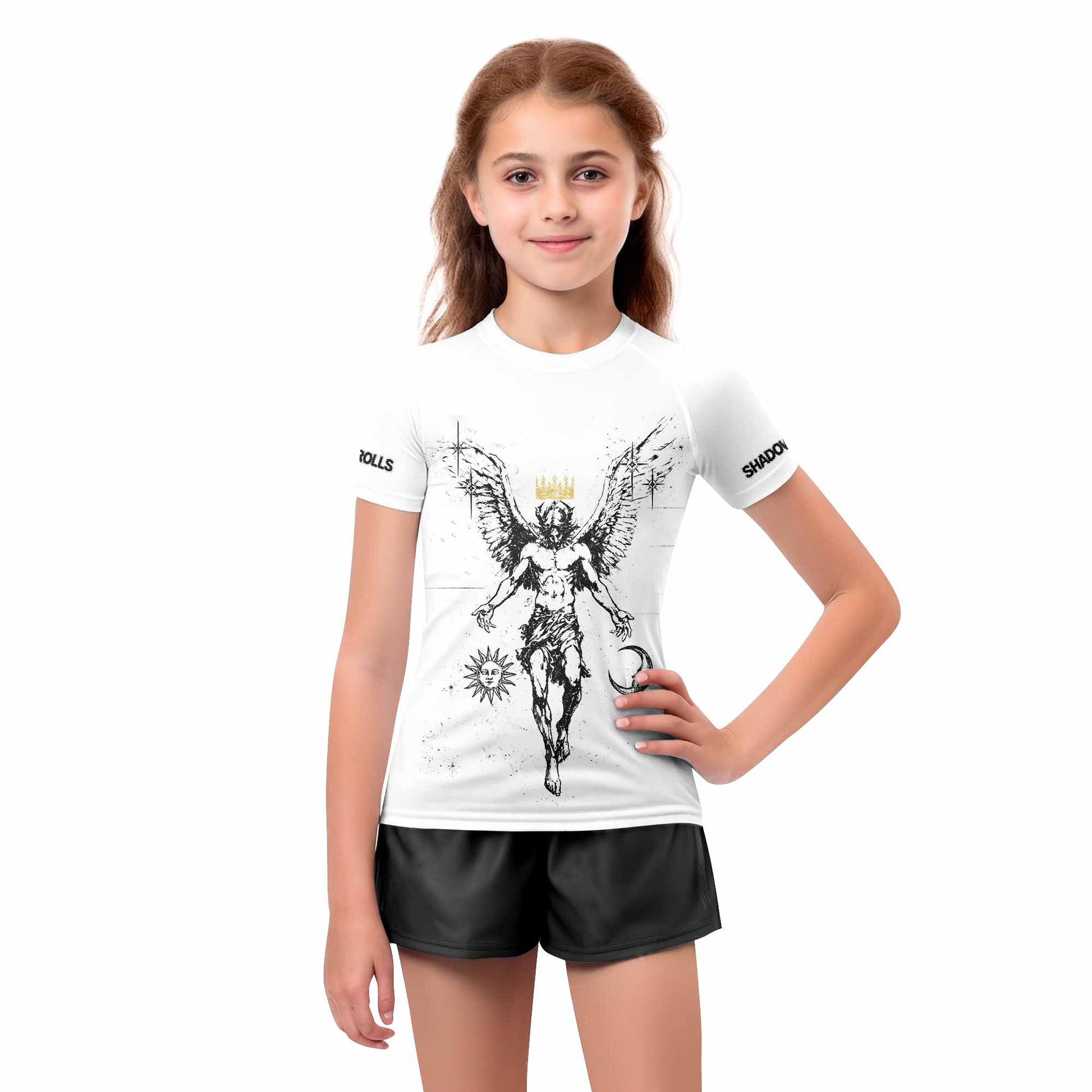 The Messenger Has Arrived White Kids Rash Guard Short Sleeve - girl's lifestyle view