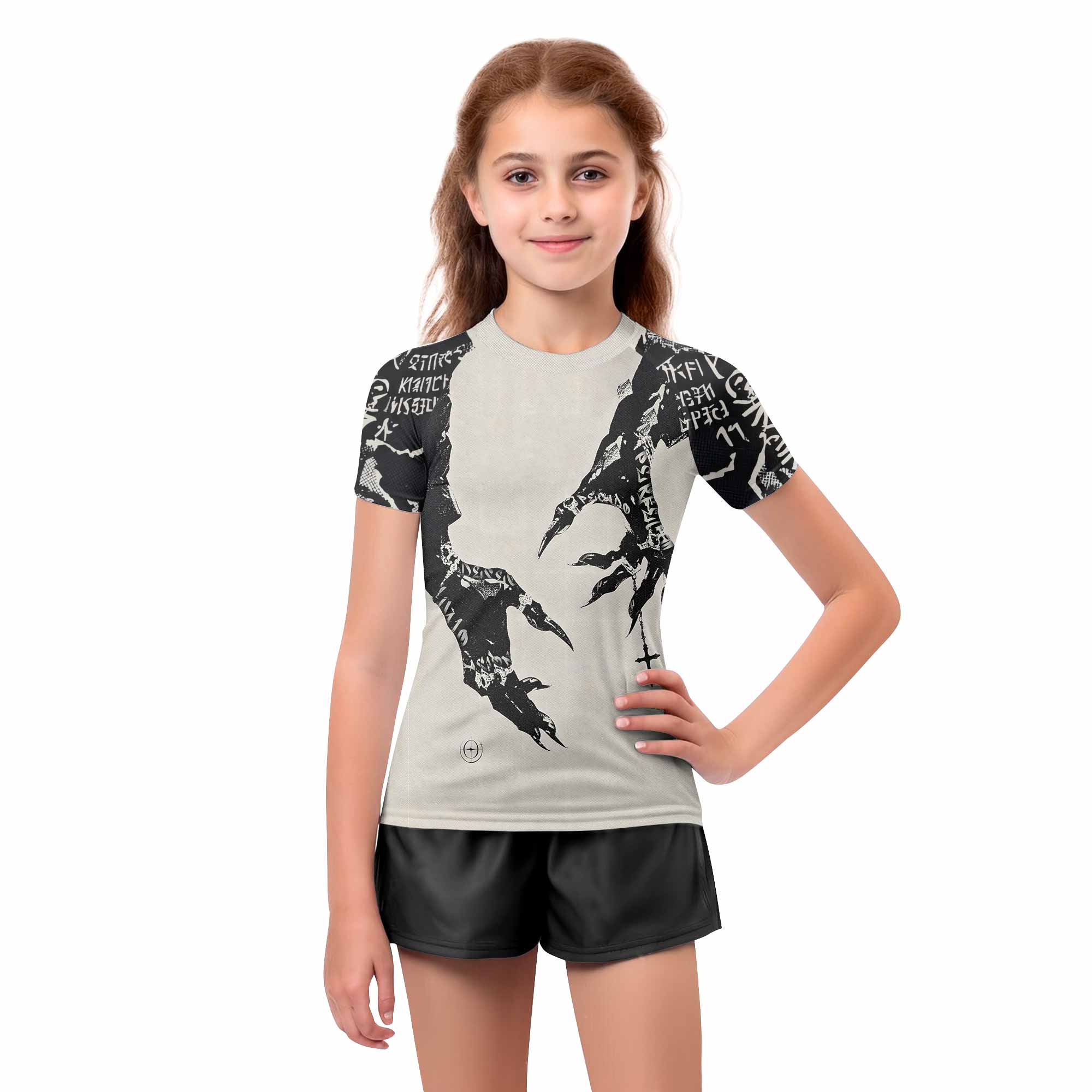 Monster Claw with Cross Kids Rash Guard Short Sleeve - girl's lifestyle view
