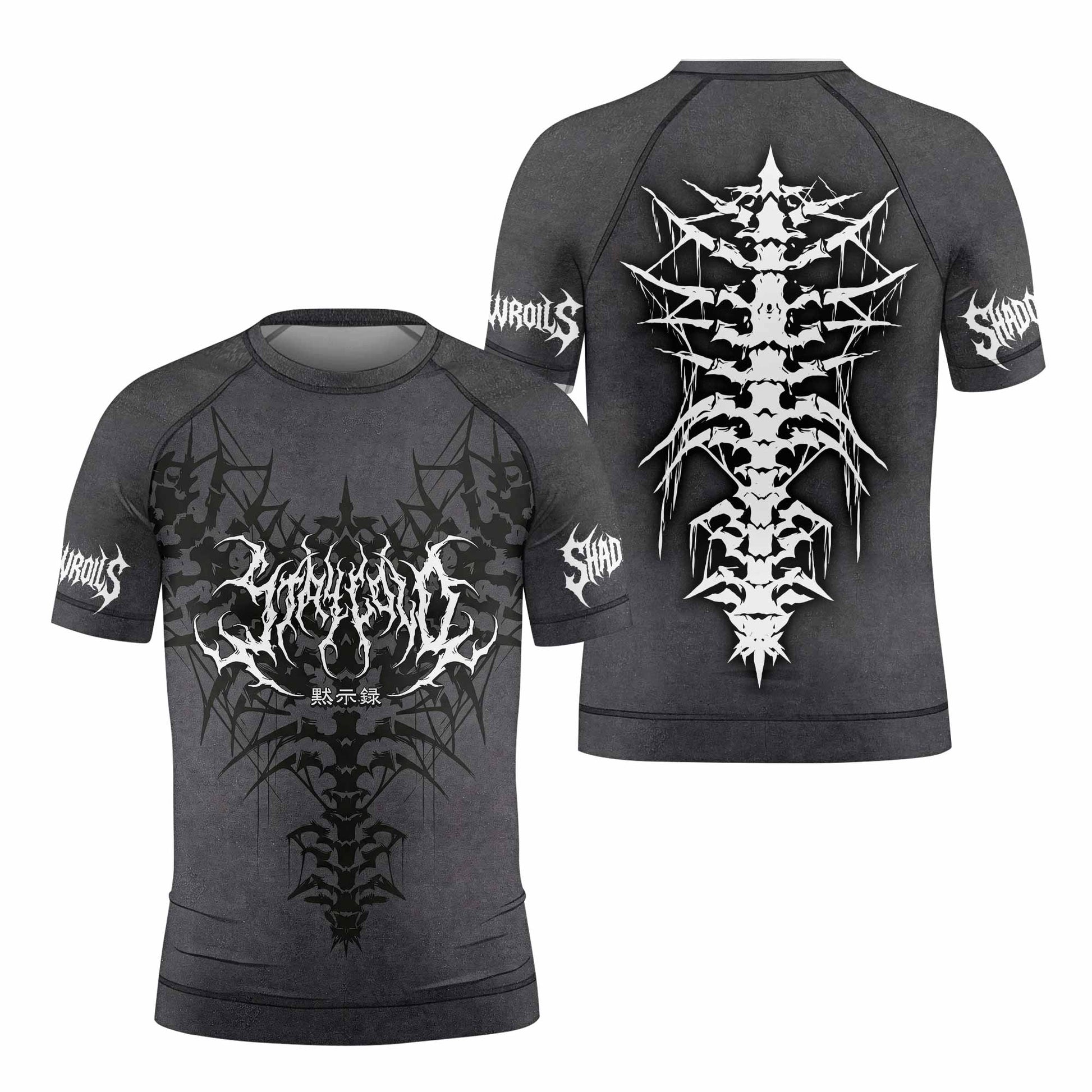 Black Metal Gothic Spine Kids Rash Guard Short Sleeve - front and back view