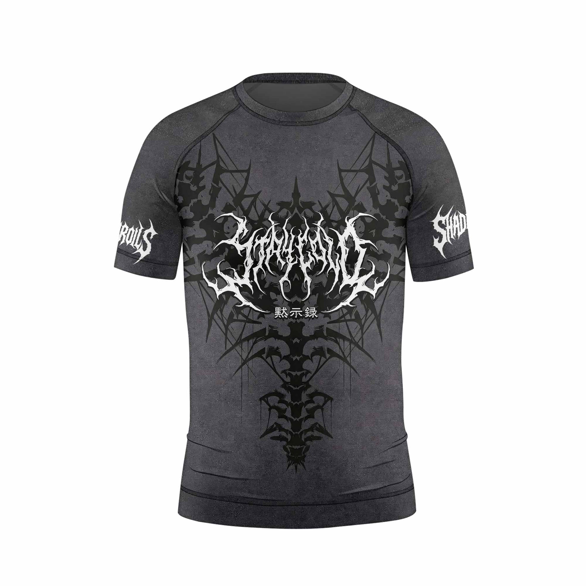 Black Metal Gothic Spine Kids Rash Guard Short Sleeve - front view mockup