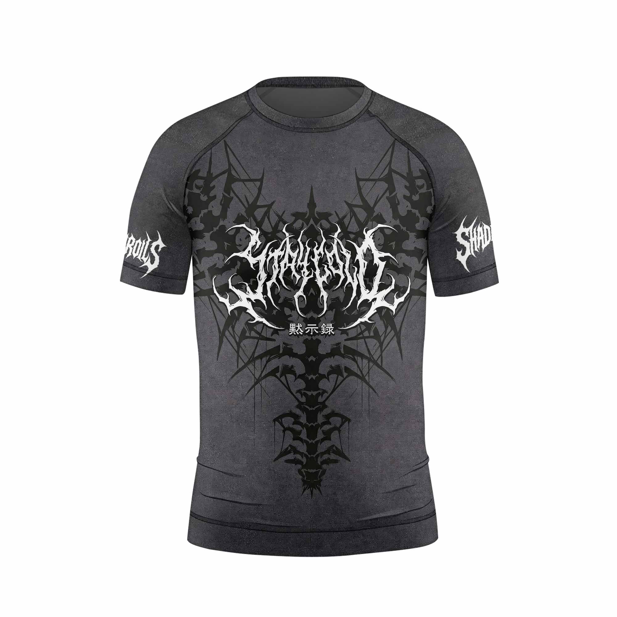 Black Metal Gothic Spine Kids Rash Guard Short Sleeve - front view mockup