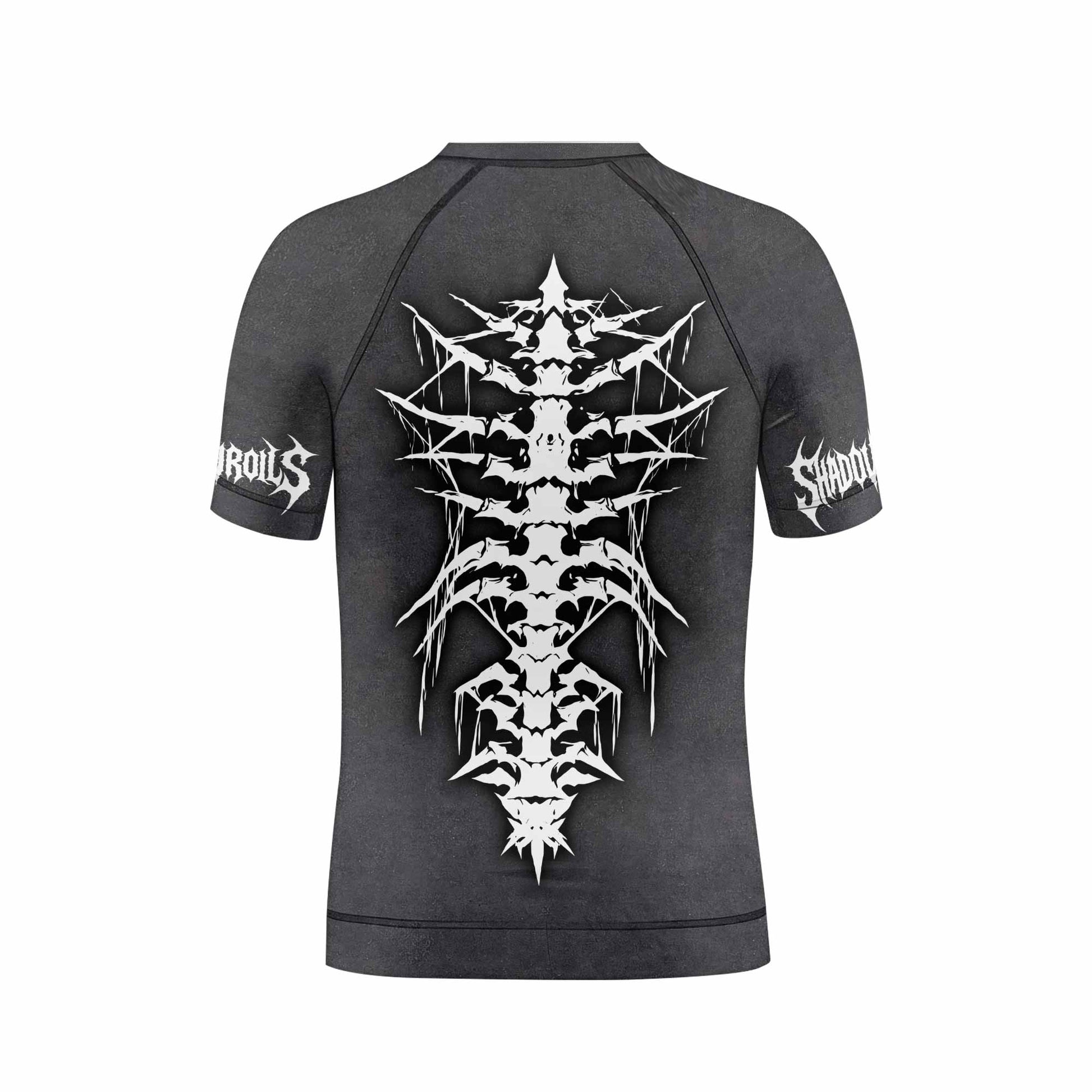 Black Metal Gothic Spine Kids Rash Guard Short Sleeve - back view mockup