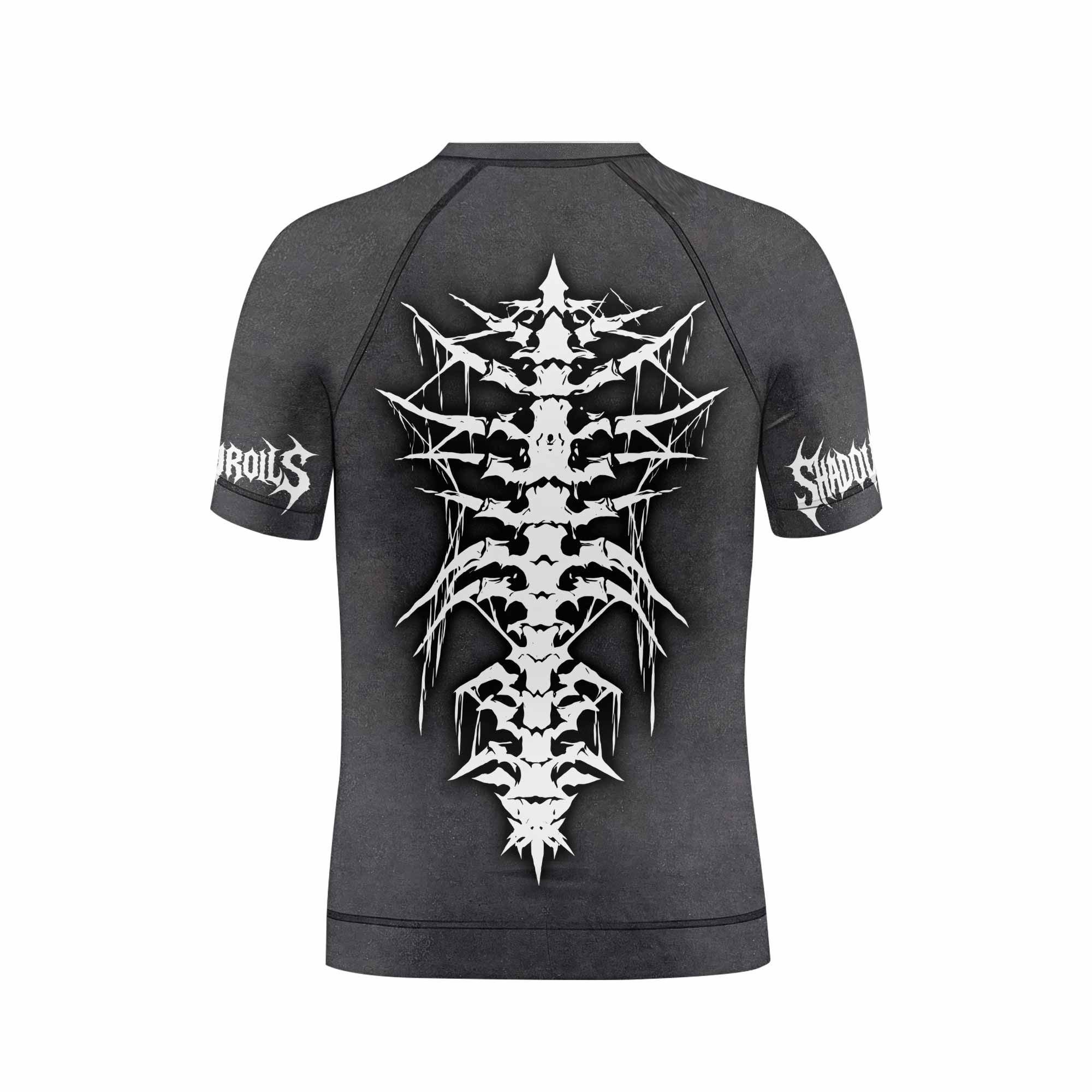Black Metal Gothic Spine Kids Rash Guard Short Sleeve - back view mockup