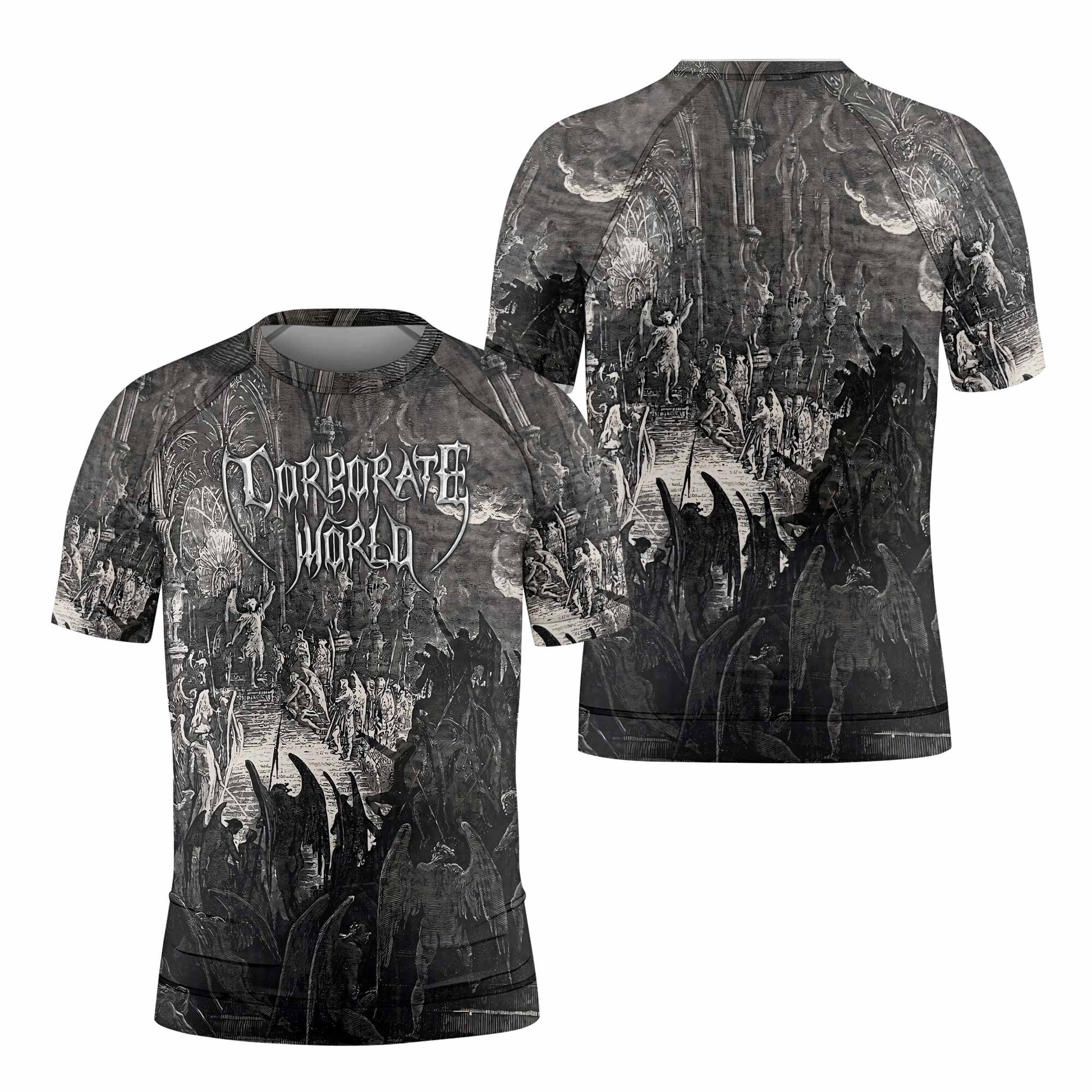 Corporate World Paradise Lost Kids Rash Guard Short Sleeve - front and back view