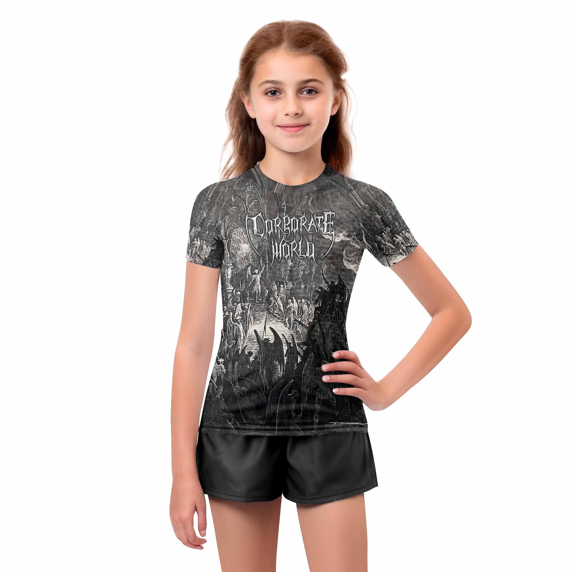 Corporate World Paradise Lost Kids Rash Guard Short Sleeve - girl's lifestyle view