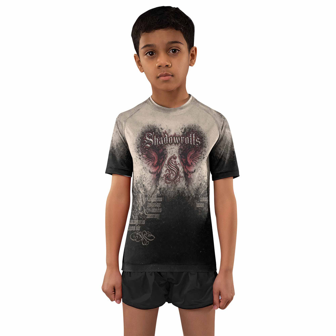 Grunge Smoke Gothic Kids Rash Guard Short Sleeve - boy's lifestyle view