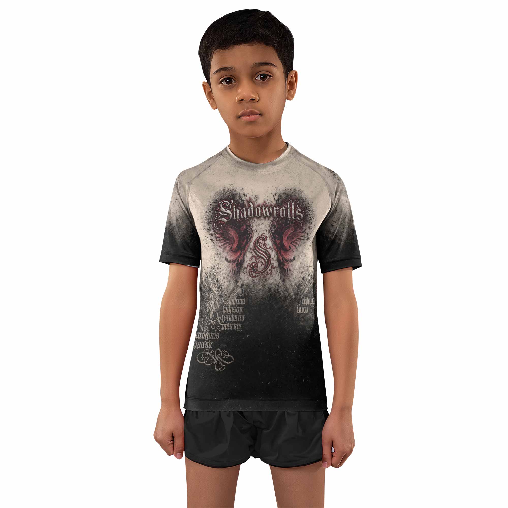 Grunge Smoke Gothic Kids Rash Guard Short Sleeve - boy's lifestyle view