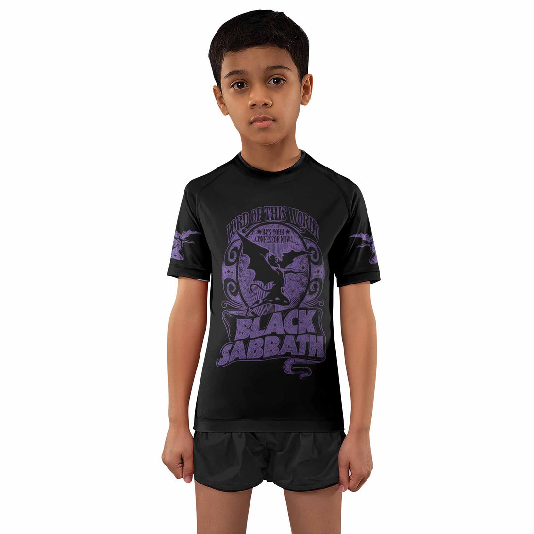 Black Sabbath Lord of This World Kids Rash Guard Short Sleeve - boy's lifestyle view