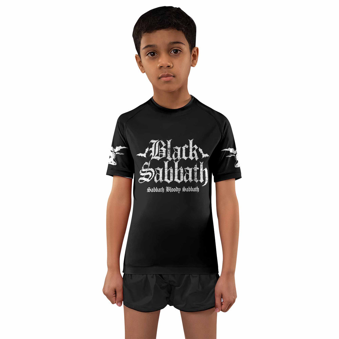 Black Sabbath Sabbath Bloody Sabbath Kids Rash Guard Short Sleeve - boy's lifestyle view