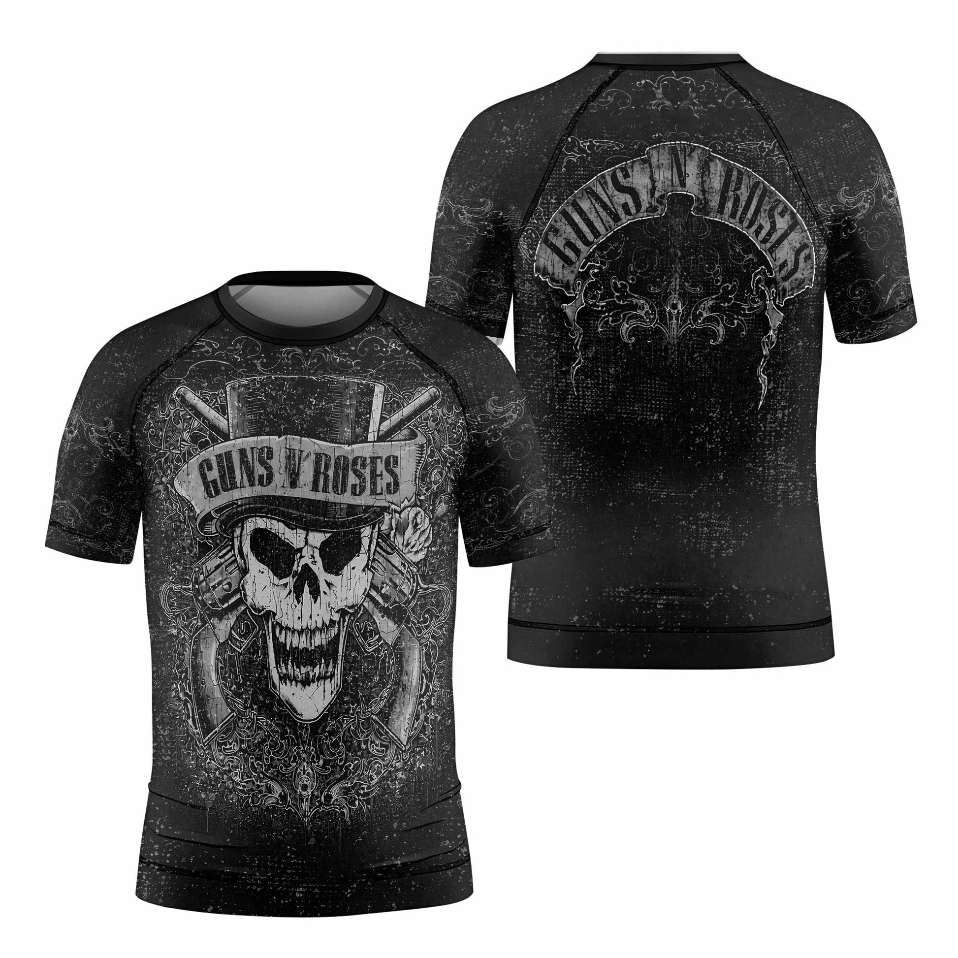Guns N' Roses Skull Kids Rash Guard Short Sleeve - front and back view