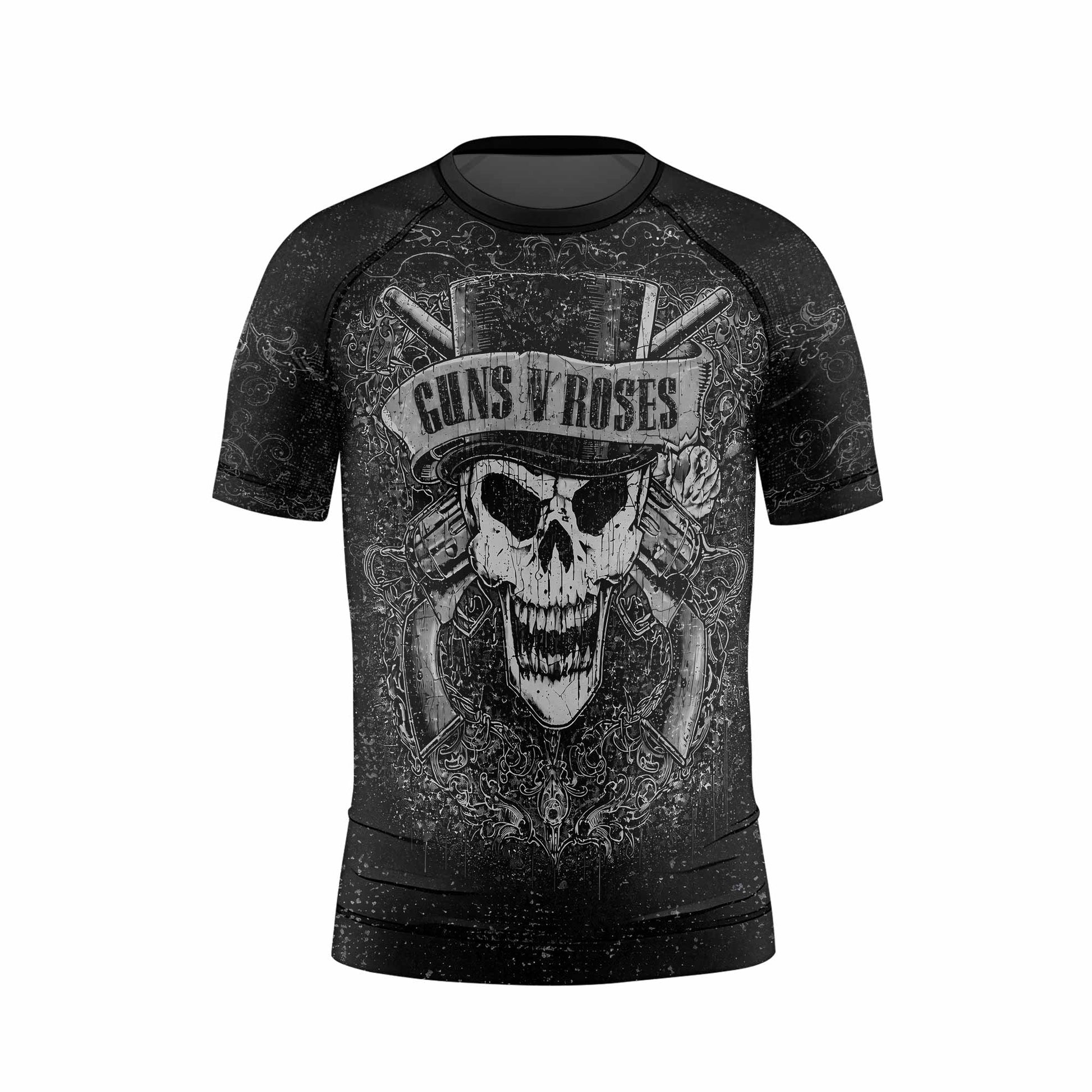 Guns N' Roses Skull Kids Rash Guard Short Sleeve - front view mockup