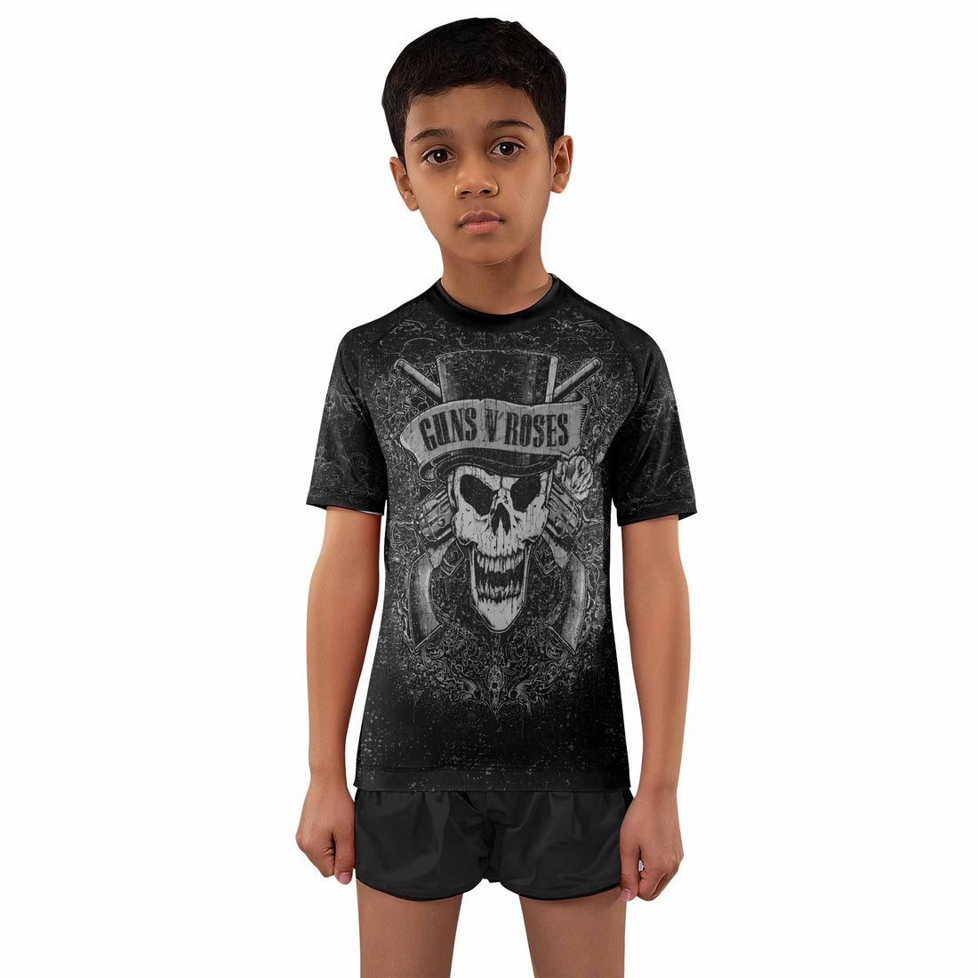 Guns N' Roses Skull Kids Rash Guard Short Sleeve - boy's lifestyle view