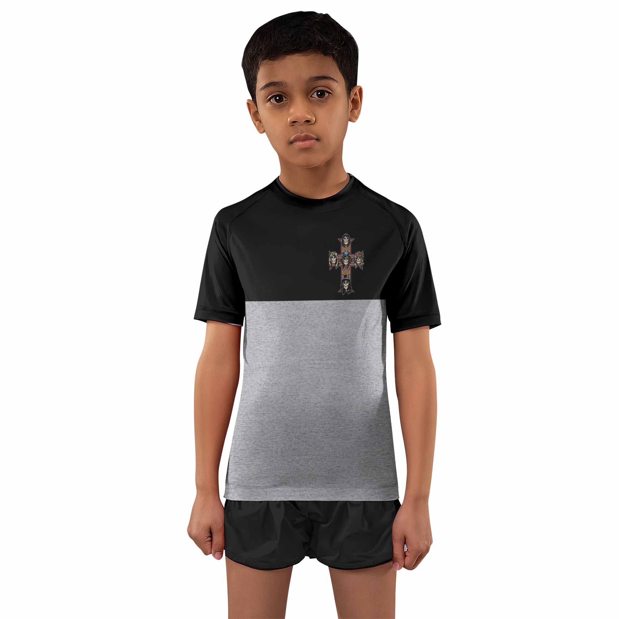 Appetite for Destruction Guns N' Roses Kids Rash Guard Short Sleeve - boy's lifestyle view