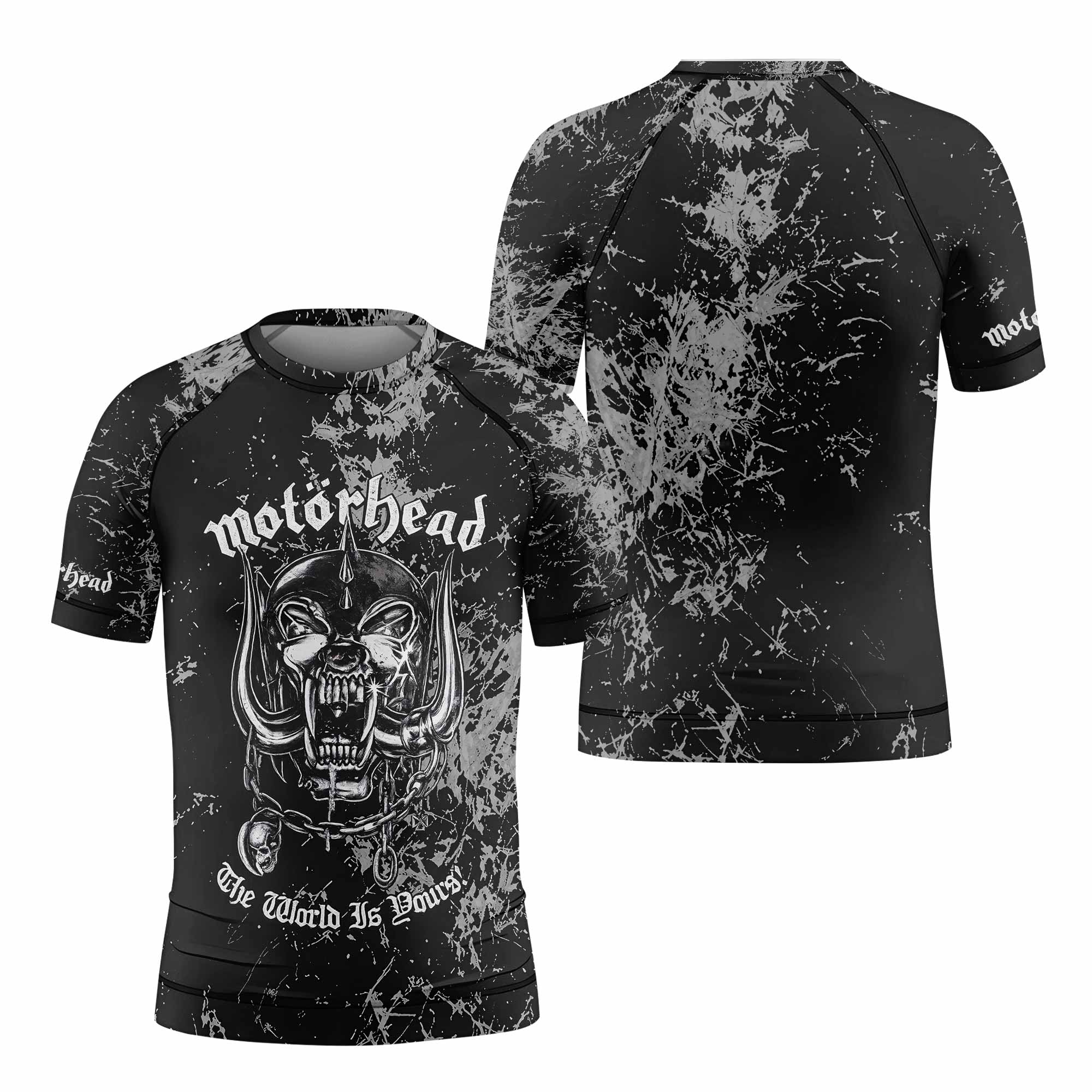 Motörhead The Wörld Is Yours Kids Rash Guard Short Sleeve - front and back view